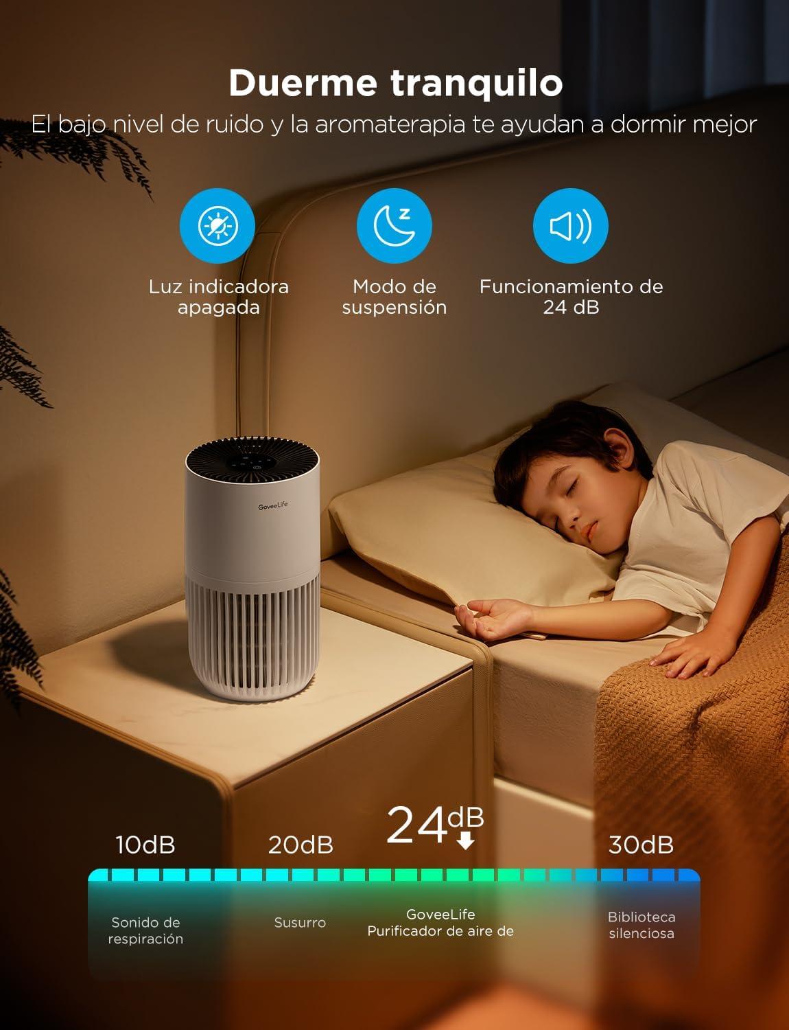 image:imageMini purificateur dair GoveeLife pour chambre avec filtre HEPA pour poils danimaux odeurs pollens et fume Alexa compatible 3 vitesses 2 modes minuterie et diffusion darmes pour la maison