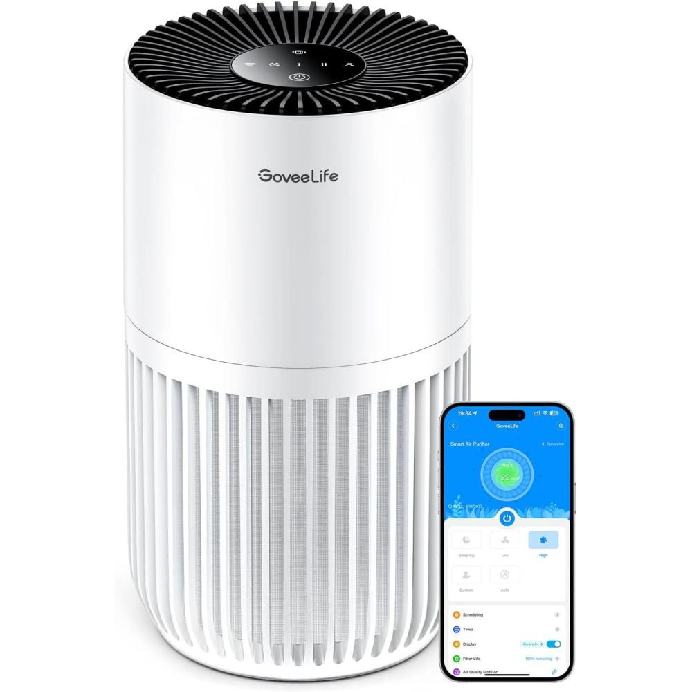 image:imageMini purificateur dair GoveeLife pour chambre avec filtre HEPA pour poils danimaux odeurs pollens et fume Alexa compatible 3 vitesses 2 modes minuterie et diffusion darmes pour la maison