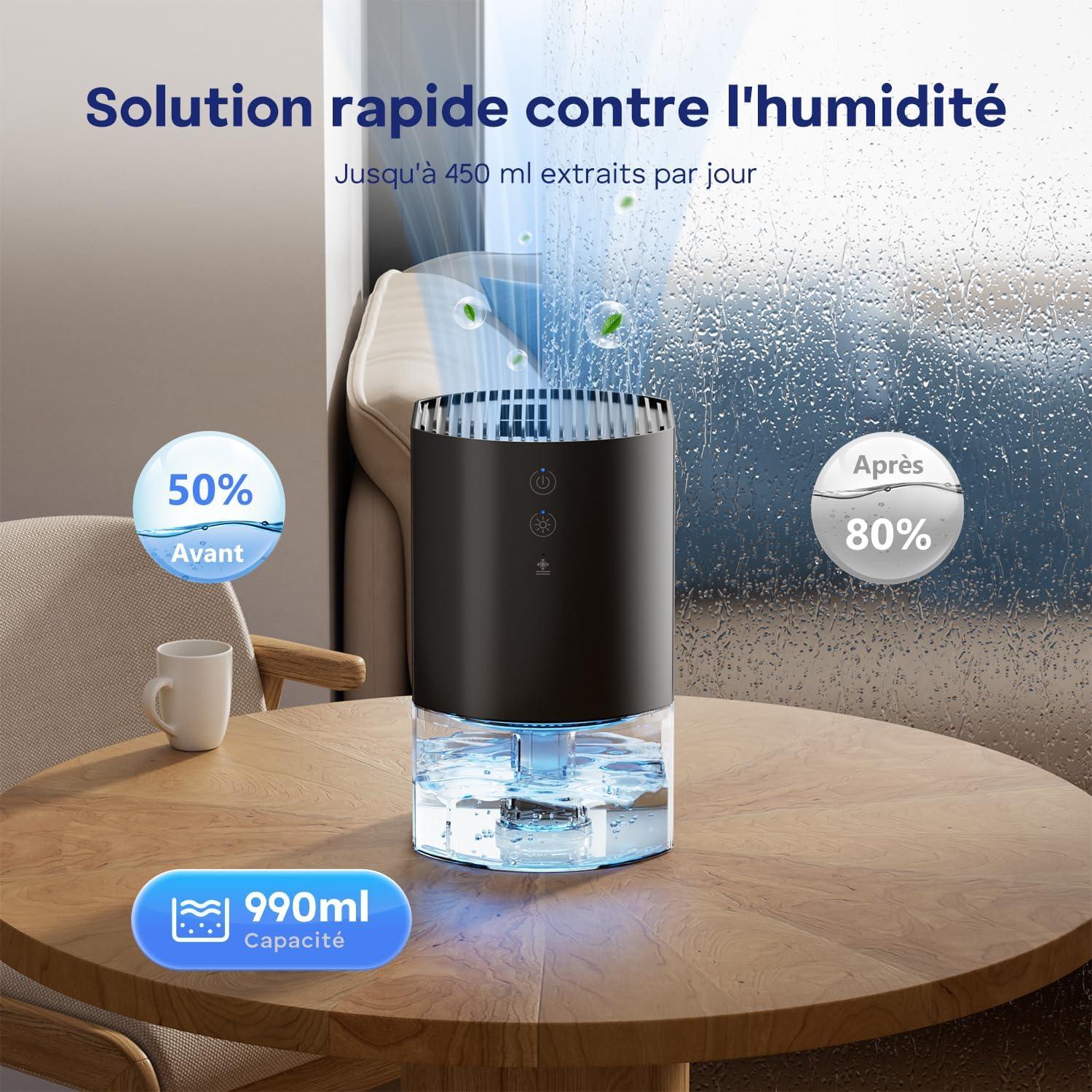 image:imageDeshumidificateur d Air 990ML Dshumidificateurs pour la Maison Dgivrage Automatique Arrt Automatique 23W 7 Couleurs LED Portable Dshumidificateurs pour Chambre