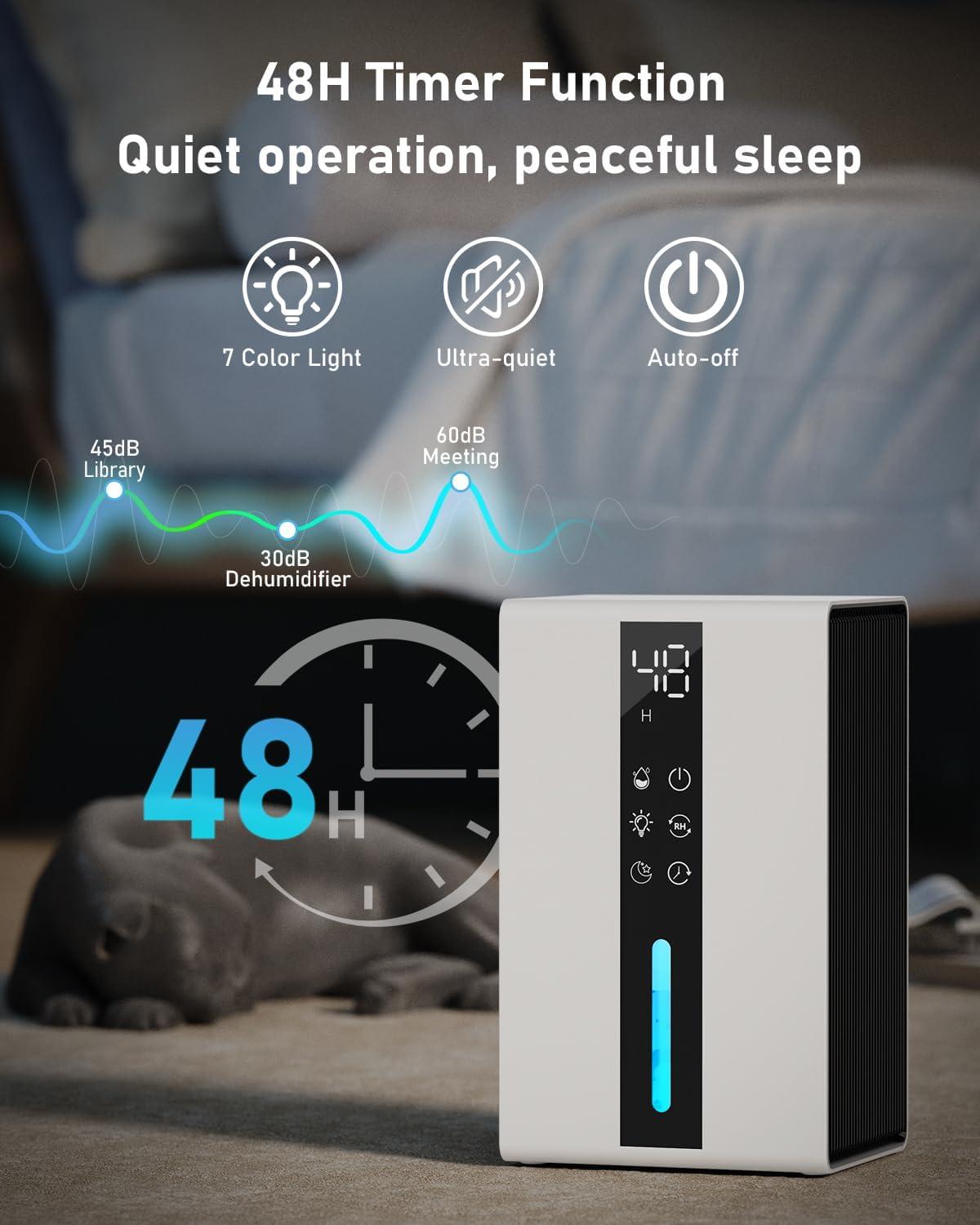image:imageDeshumidificateur d air 1800ML Dshumidificateur d air Electrique 48W avec 48H de Minuterie 7 Lumires de Couleur Dgivrage Automatique Arrt Automatique pour la Maison Bain Chambre