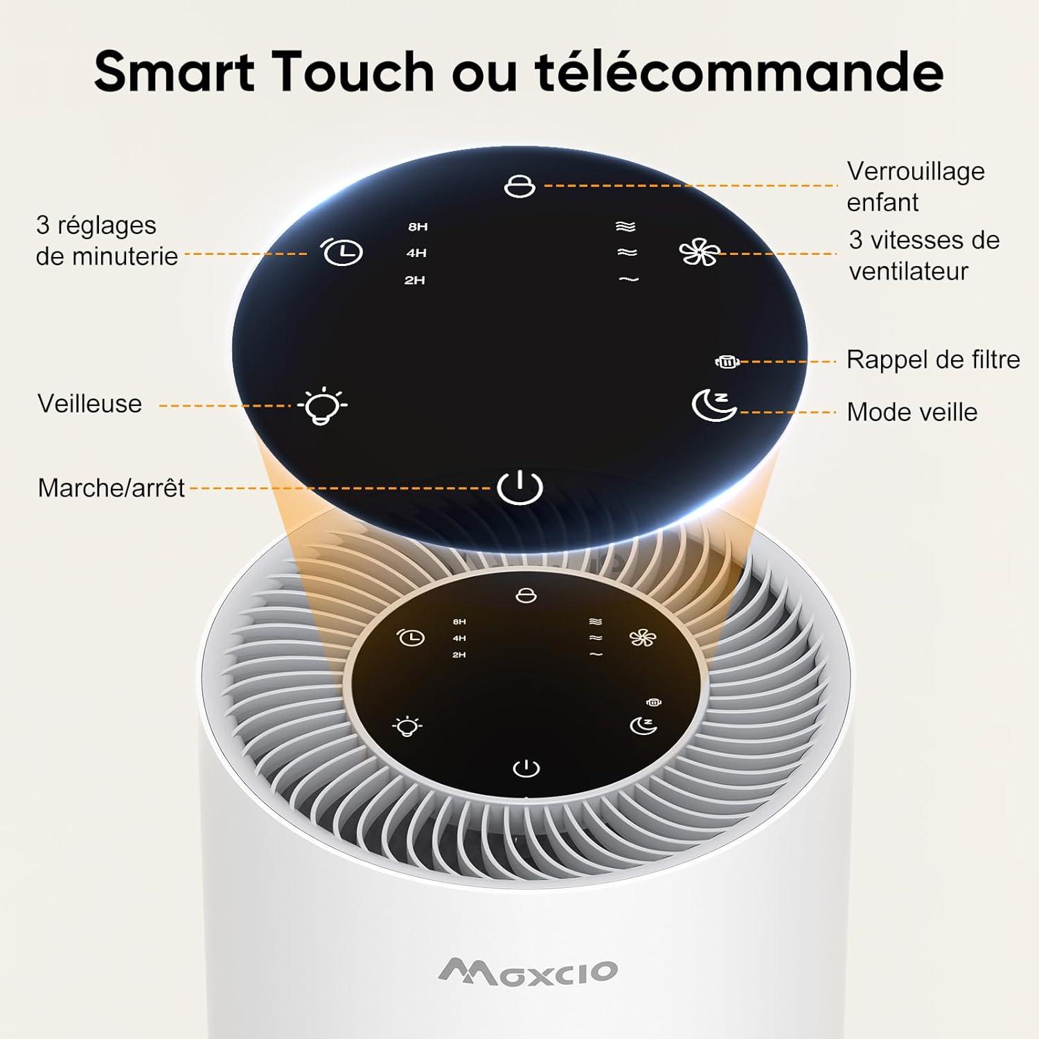 image:imageMaxcio Purificateur dair HEPA Chambre Filtration Efficace des Particules et Odeurs 23dB Silencieux Aromathrapie 7W conomie dnergie Commande Tactile ou Distance Scurit Enfants MinuteriePurificateur Dair