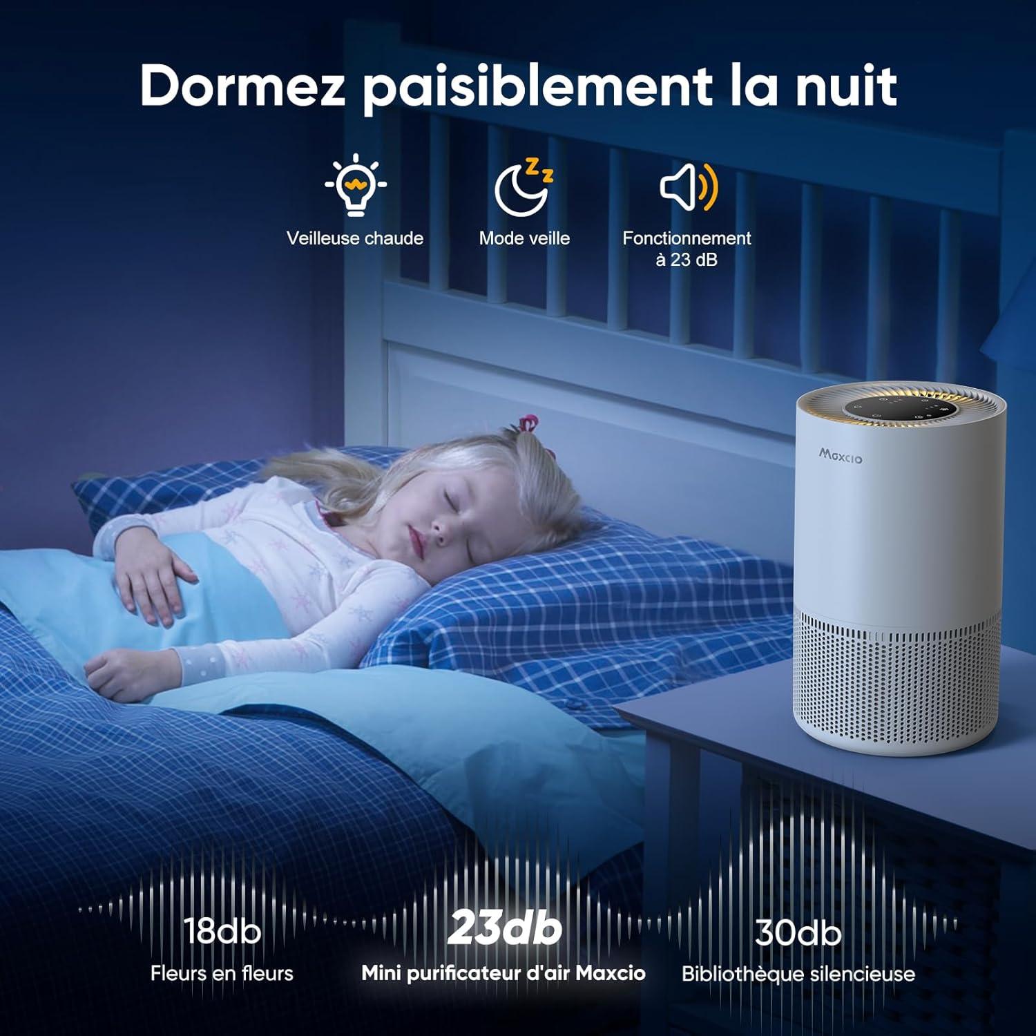 image:imageMaxcio Purificateur dair HEPA Chambre Filtration Efficace des Particules et Odeurs 23dB Silencieux Aromathrapie 7W conomie dnergie Commande Tactile ou Distance Scurit Enfants MinuteriePurificateur Dair