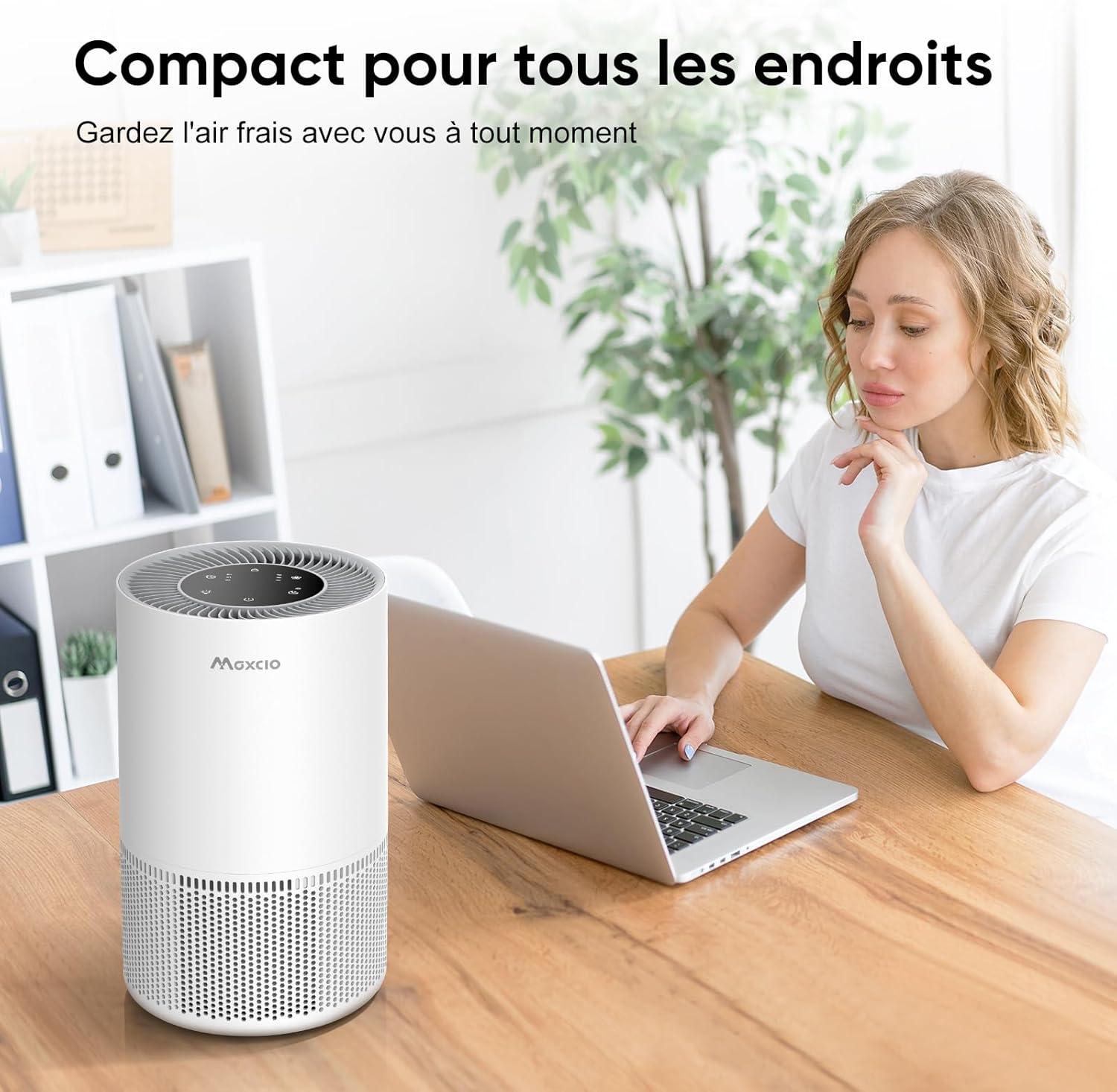 image:imageMaxcio Purificateur dair HEPA Chambre Filtration Efficace des Particules et Odeurs 23dB Silencieux Aromathrapie 7W conomie dnergie Commande Tactile ou Distance Scurit Enfants MinuteriePurificateur Dair