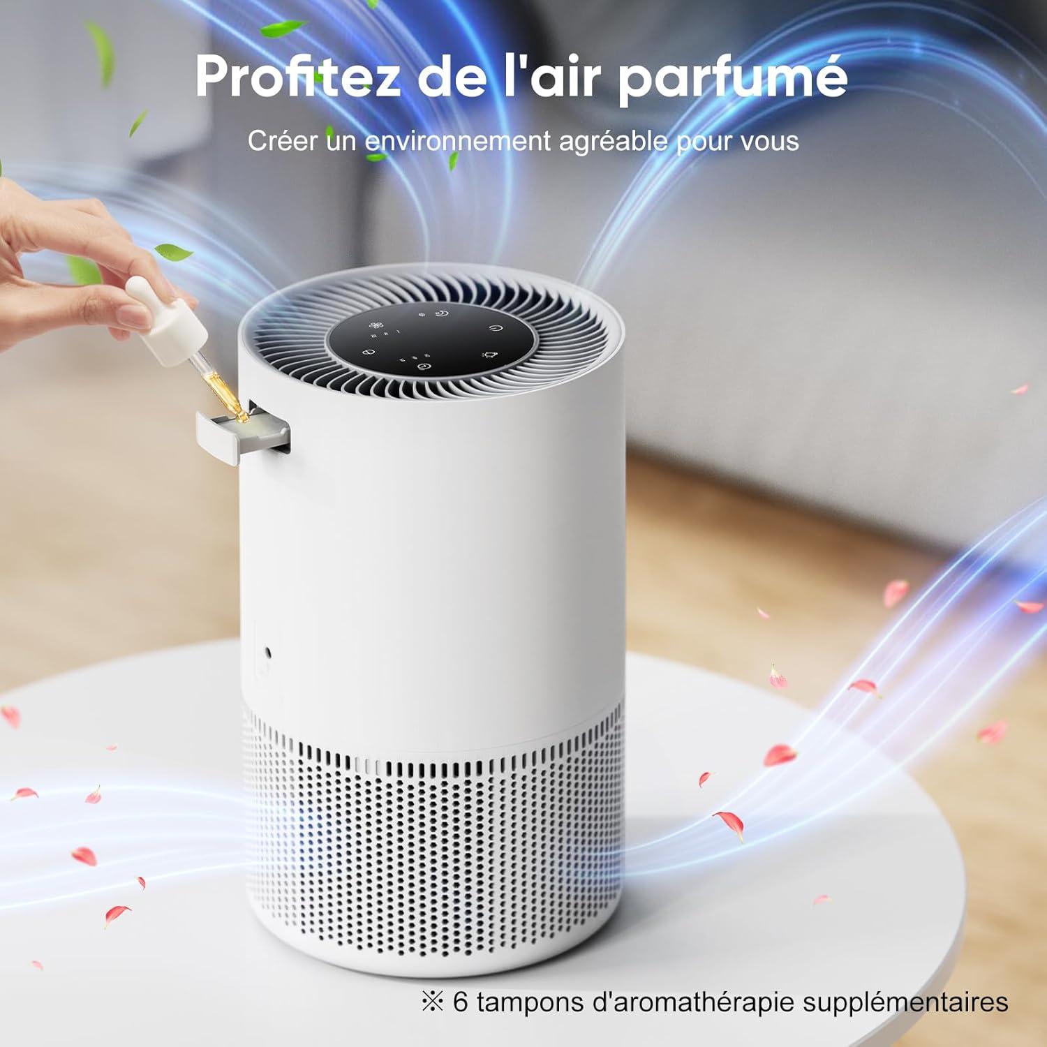 image:imageMaxcio Purificateur dair HEPA Chambre Filtration Efficace des Particules et Odeurs 23dB Silencieux Aromathrapie 7W conomie dnergie Commande Tactile ou Distance Scurit Enfants MinuteriePurificateur Dair
