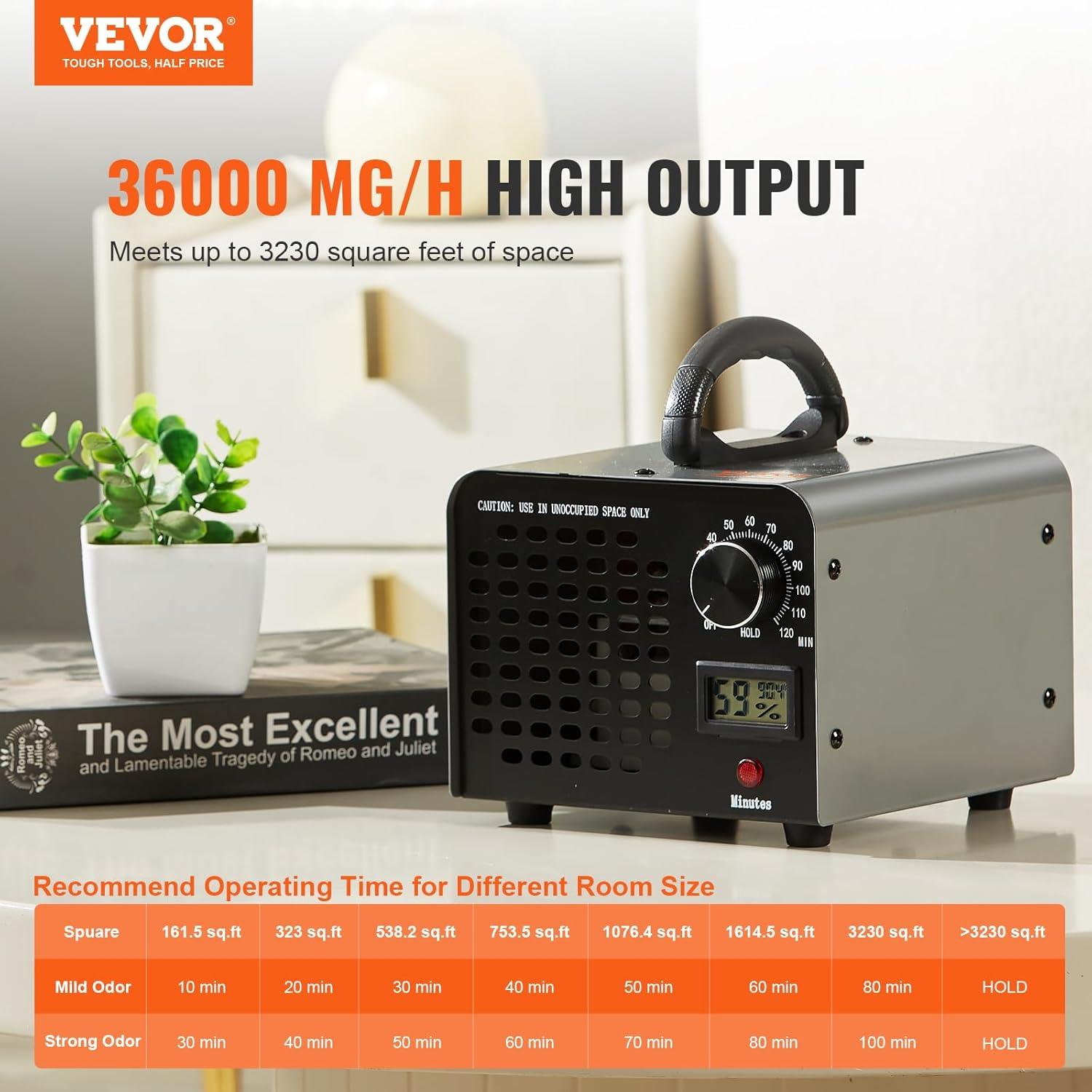 image:imageVEVOR Gnrateur dOzone Purificateur dAir 36000 mgh Gnrateur O3 pour liminer les Odeurs Commercial Industriel 115 W Grande Capacit Minuterie 0120 min pour Chambres Voitures Animaux Domestiques