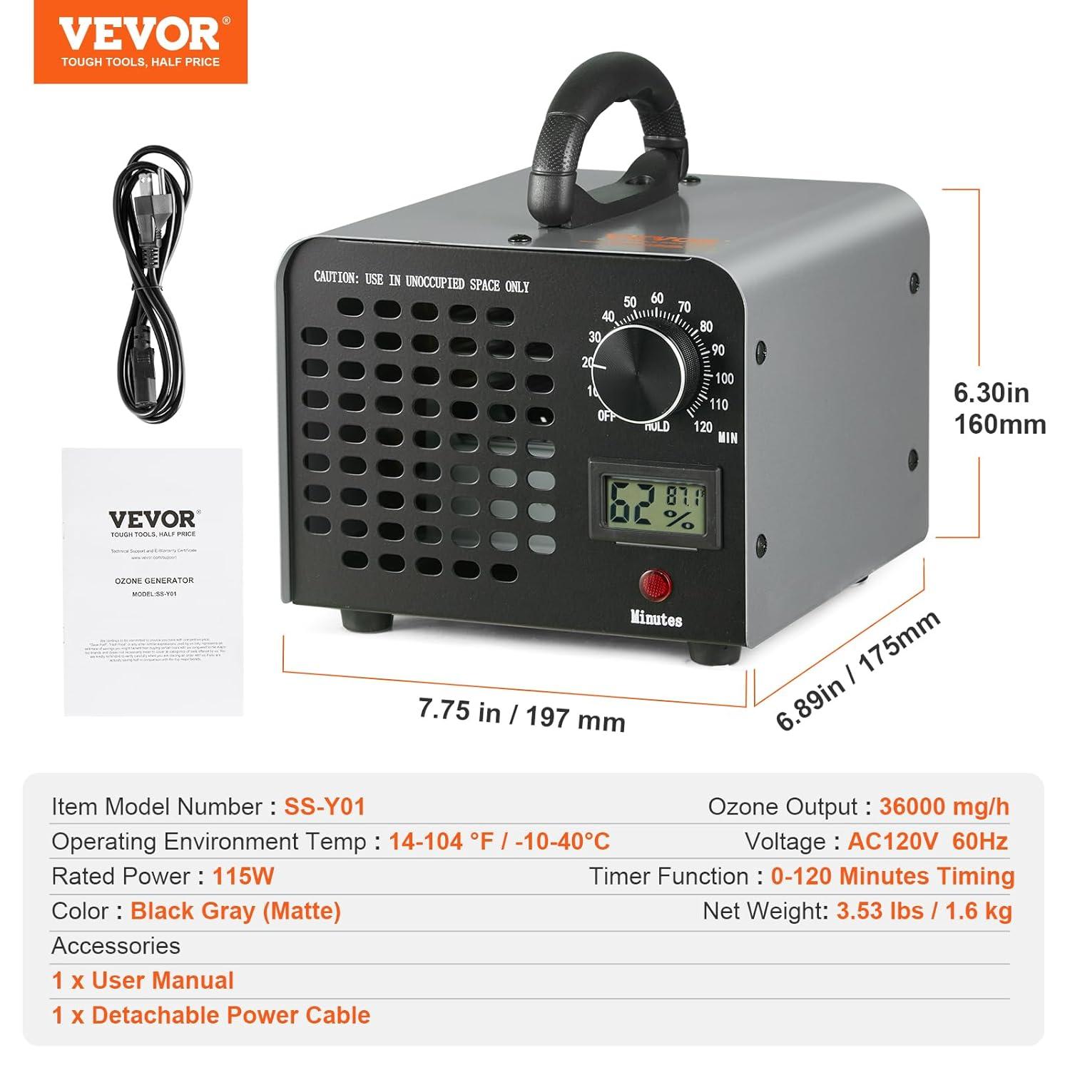 image:imageVEVOR Gnrateur dOzone Purificateur dAir 36000 mgh Gnrateur O3 pour liminer les Odeurs Commercial Industriel 115 W Grande Capacit Minuterie 0120 min pour Chambres Voitures Animaux Domestiques