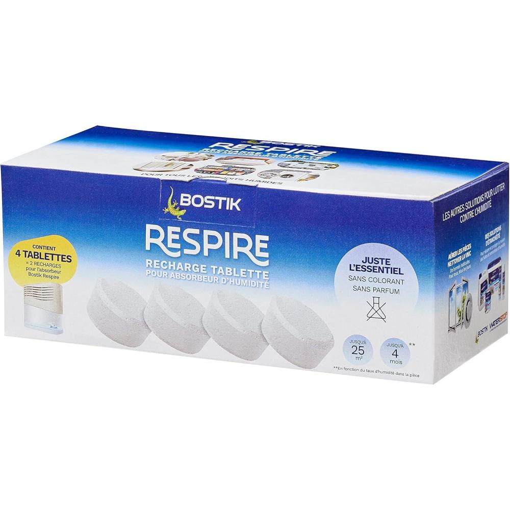 image:imageBostik RESPIRE Dshumidificateur dAir Anti Condensation Absorbeur dHumidit pour des Pices Jusqu 25m Inclus 2 Recharges Tablettes Sans Colorant ni Parfum de 250gRecharge 4 Tablettes