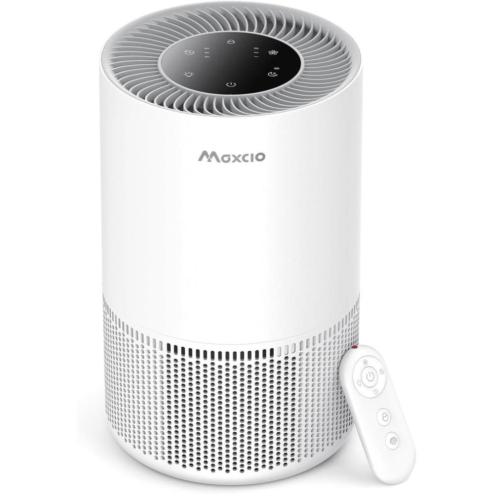 image:imageMaxcio Purificateur dair HEPA Chambre Filtration Efficace des Particules et Odeurs 23dB Silencieux Aromathrapie 7W conomie dnergie Commande Tactile ou Distance Scurit Enfants MinuteriePurificateur Dair