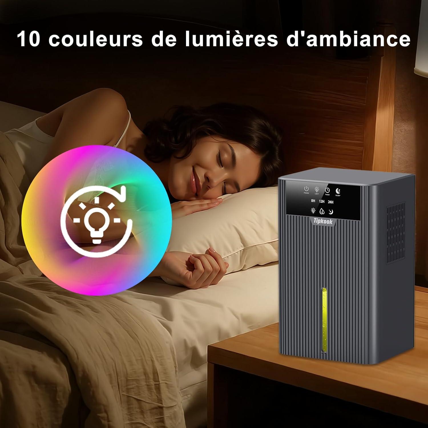 image:imageDeshumidificateur d Air Tipkook Deshumidificateur d Air Anti MoisissureSilencieux 2400MLLumire LED 10 Couleurs Grand cranPortableArrt AutomatiqueMinuterie 81224Hpour MaisonChambre