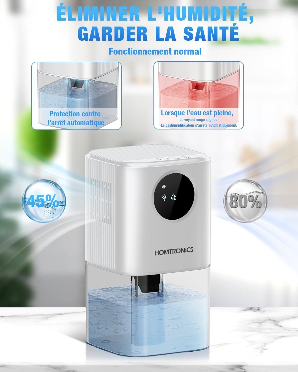 image:imageDeshumidificateur d air1700ml Homtronics Deshumidificateur d Air Anti Moisissure avec Lumire LED 7 Couleurs Minuterie 81224HPortableSilencieux pour ChambreMoisissuresBainArmoire