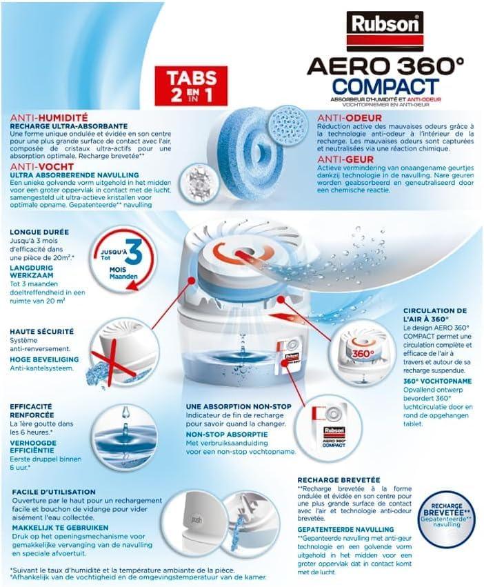 image:imageRubson AERO 360 Absorbeur dhumidit Compact 1 appareil 1 recharge de 450 g Dshumidificateur dair antiodeur Absorbeur antihumidit ampamp condensationUnique