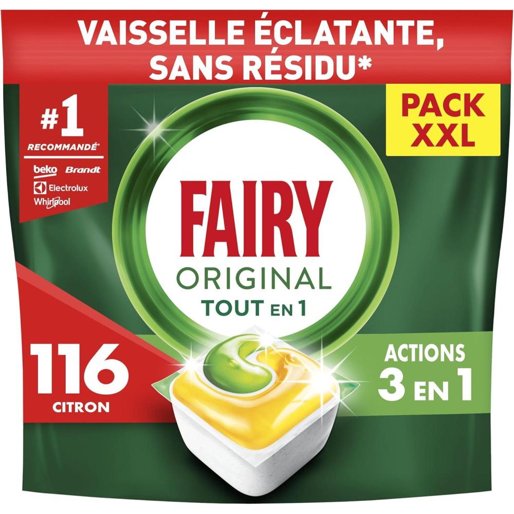 image:imageFairy Original Tablettes LaveVaisselle Tout En 1 Citron Pack Familial 175 Capsules 5x35 Efficaces Contre Graisse Incruste Action Sel et Rinage Protection Verre et Argent Dissolution RapideFairy Original Tablettes 116 Capsules