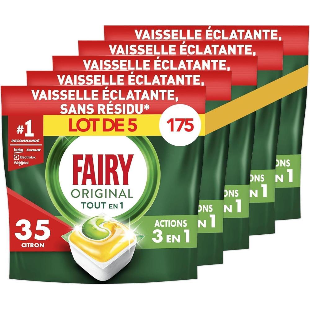 image:imageFairy Original Tablettes LaveVaisselle Tout En 1 Citron Pack Familial 175 Capsules 5x35 Efficaces Contre Graisse Incruste Action Sel et Rinage Protection Verre et Argent Dissolution RapideFairy Original Tablettes LaveVaisselle 175 Capsules