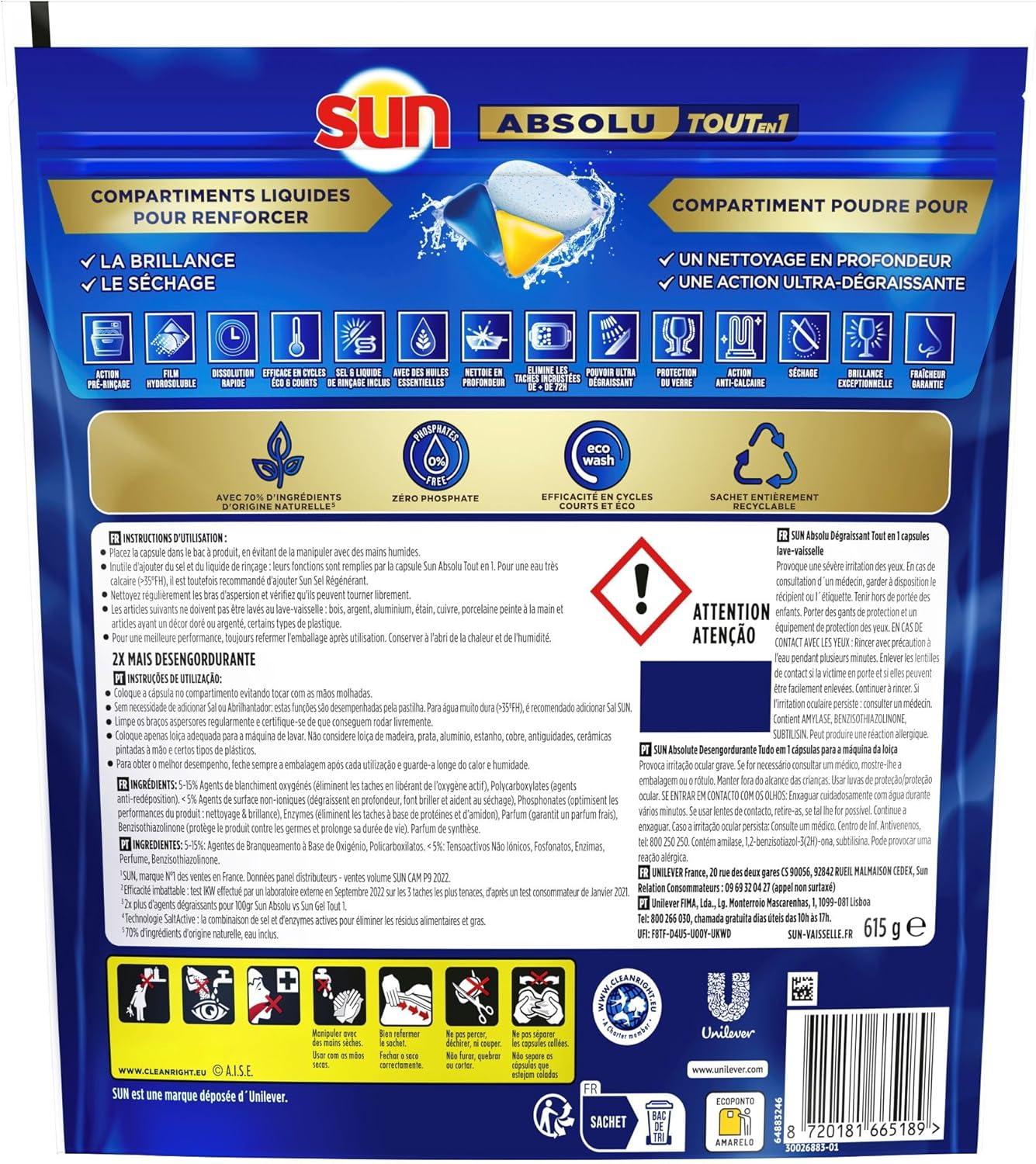 image:imageSun Pastilles LaveVaisselle Tout en 1 Absolu dgraissent Efficacit Imbattable sur les Tches Tenaces 41 Lavages
