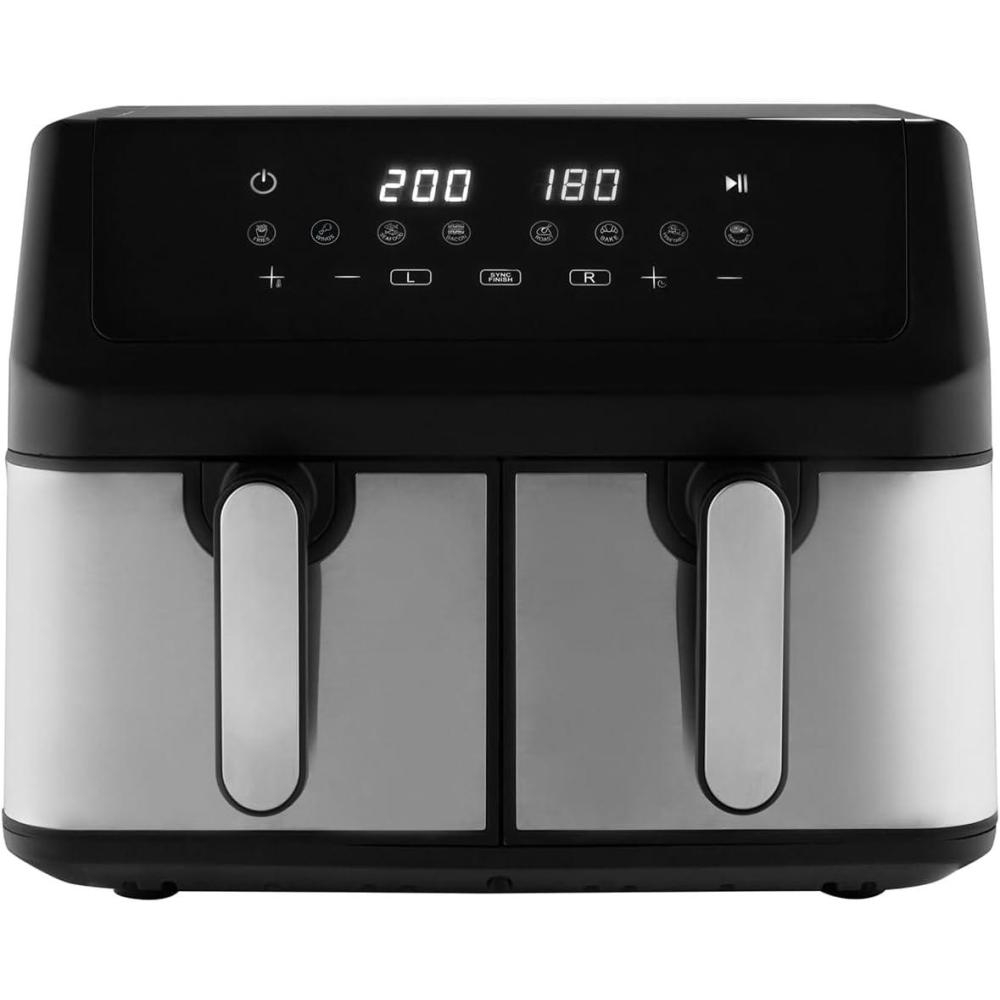 image:imageProfiCook Friteuse air chaud Systme de prparation simultane 9 litres Friteuse air chaud 2 compartiments Frire sans graisse Cuve avec antiadhsif Airfryer PC FR 1296 HStainless Steel Black Model 2025