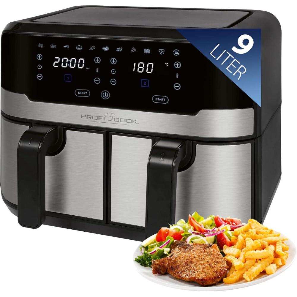 image:imageProfiCook Friteuse air chaud Systme de prparation simultane 9 litres Friteuse air chaud 2 compartiments Frire sans graisse Cuve avec antiadhsif Airfryer PC FR 1296 HStainless Steel Black Model 2023