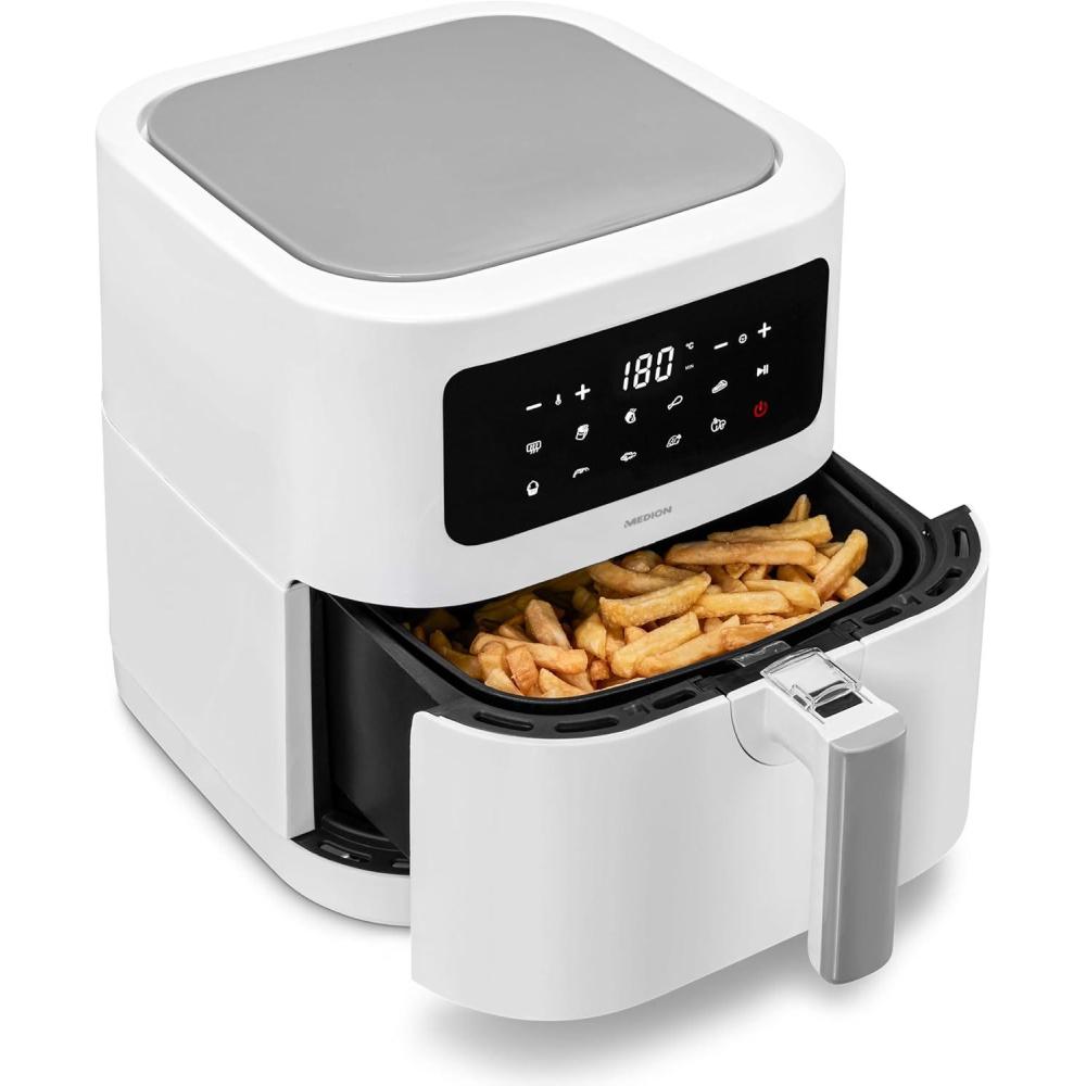 image:imageMEDION E40 XL friteuse air chaud 52L airfryer 2150W 9 programmes automatiques fonction four friture sans huile commande tactile affichage LED gris matBlanc