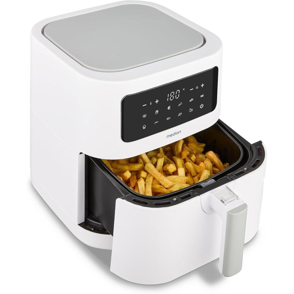 image:imageMEDION E40 XL friteuse air chaud 52L airfryer 2150W 9 programmes automatiques fonction four friture sans huile commande tactile affichage LED gris matBlanc Mat