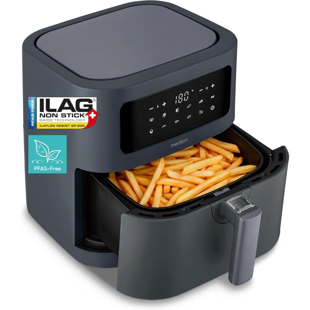 image:imageMEDION E40 XL friteuse air chaud 52L airfryer 2150W 9 programmes automatiques fonction four friture sans huile commande tactile affichage LED gris matGris Mat