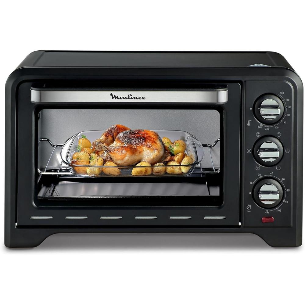 image:imageMoulinex Four lectrique posable 19 L Compact chaleur tournante 6 modes de cuisson Thermostat rglable jusqu 240C Minuteur 120 min Grille rversible Lche frites Optimo noir OX444810Noir