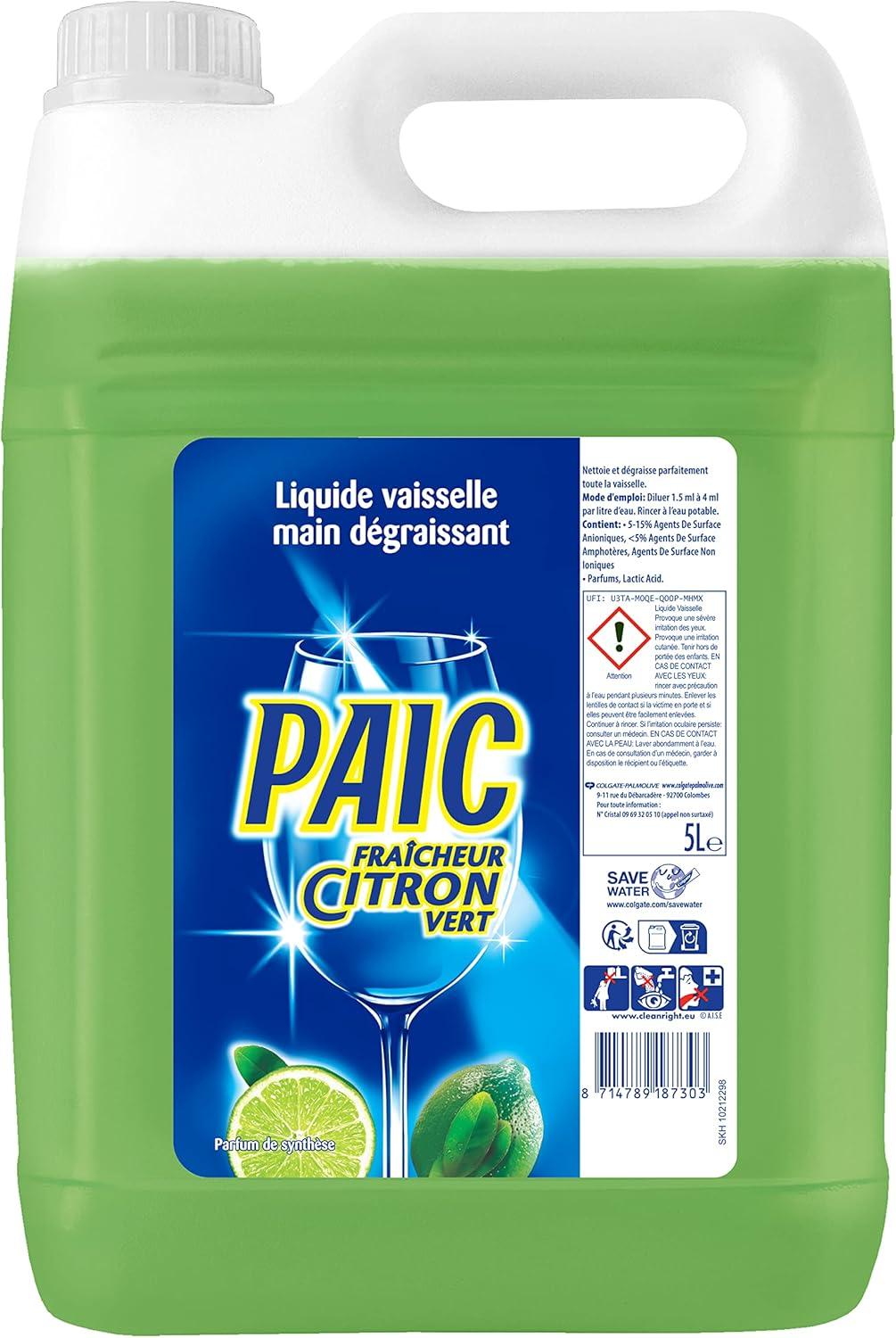 image:imagePAIC Liquide Vaisselle Fracheur Citron Vert Action Nettoyante Dgraissante et AntiOdeur Format conomique Bidon de 5LJaune