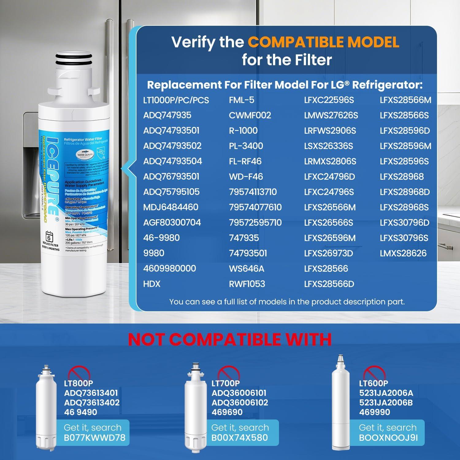 image:imageICEPURE LT1000P Filtre eau et air pour rfrigrateur Compatible Avec LG LT1000P LT1000PC MDJ64844601 Kenmore 469980 9980 ADQ74793501 ADQ74793502 et LT120F Combo blanc 3 pices3 Count Pack of 1