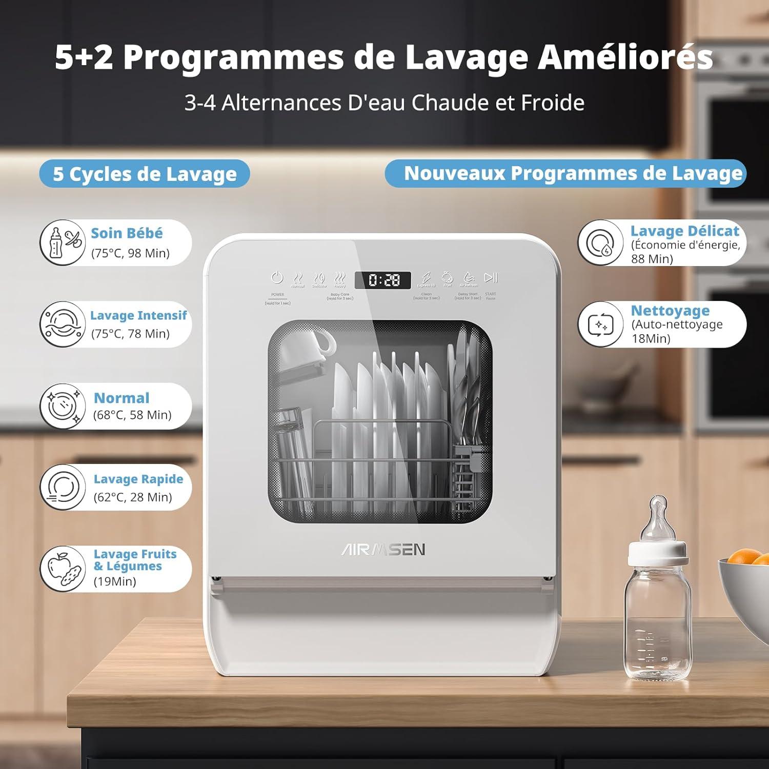 image:imageAIRMSEN Mini Lavevaisselle de Table avec 72 Programmes Design Ultratroit amp Profond 37 50cm 4 couverts Dmarrage Diffr 124H Double Jet 360 Rservoir dEau de 5L Blanc BlancBlanc