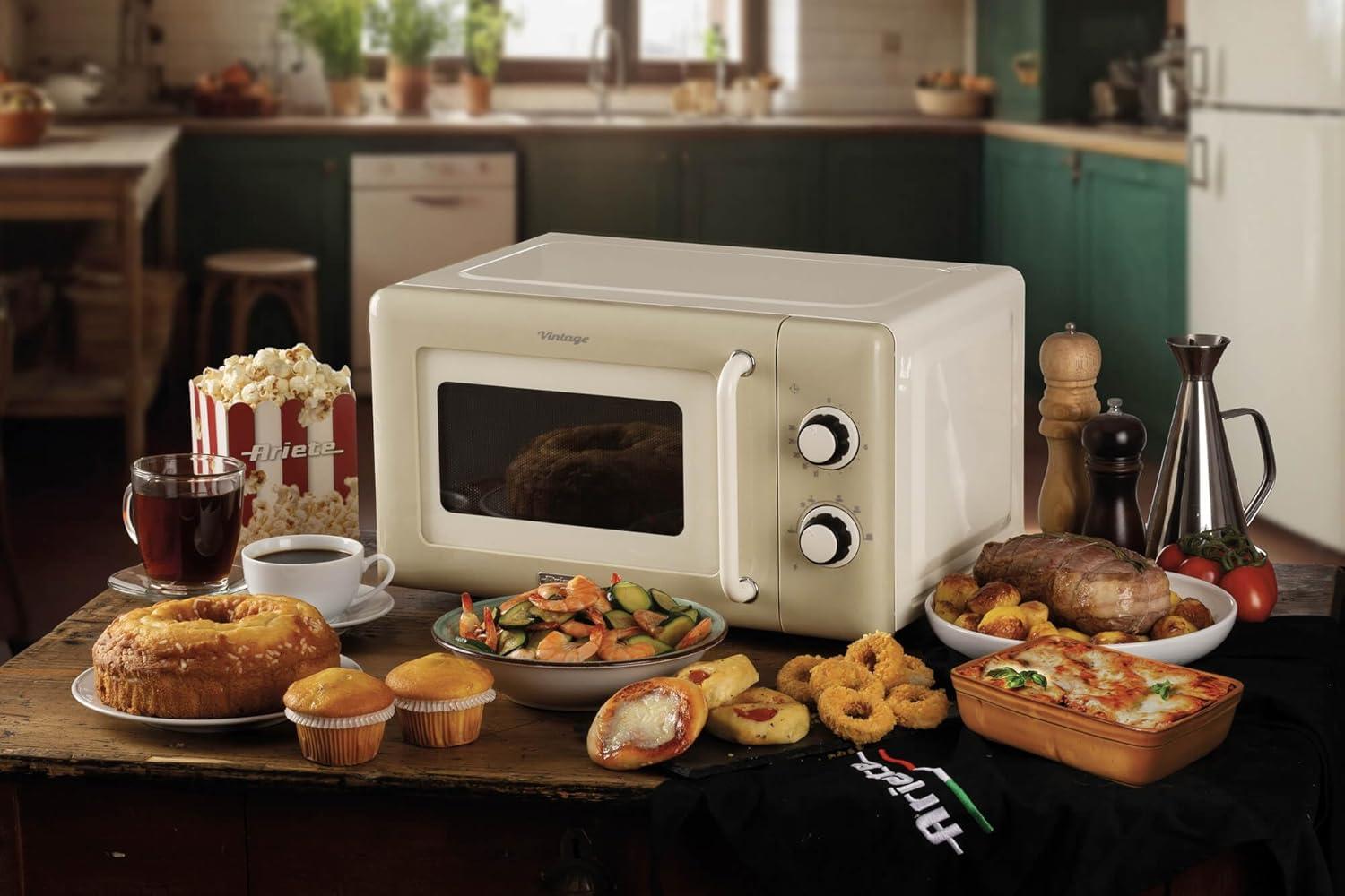 image:imageAriete Microondes mcaniques vintage 800 W 20 L 5 niveaux de puissance minuterie de 30 minutes signal de fin de cuisson idal pour chauffage cuisson et dconglation vertCrme