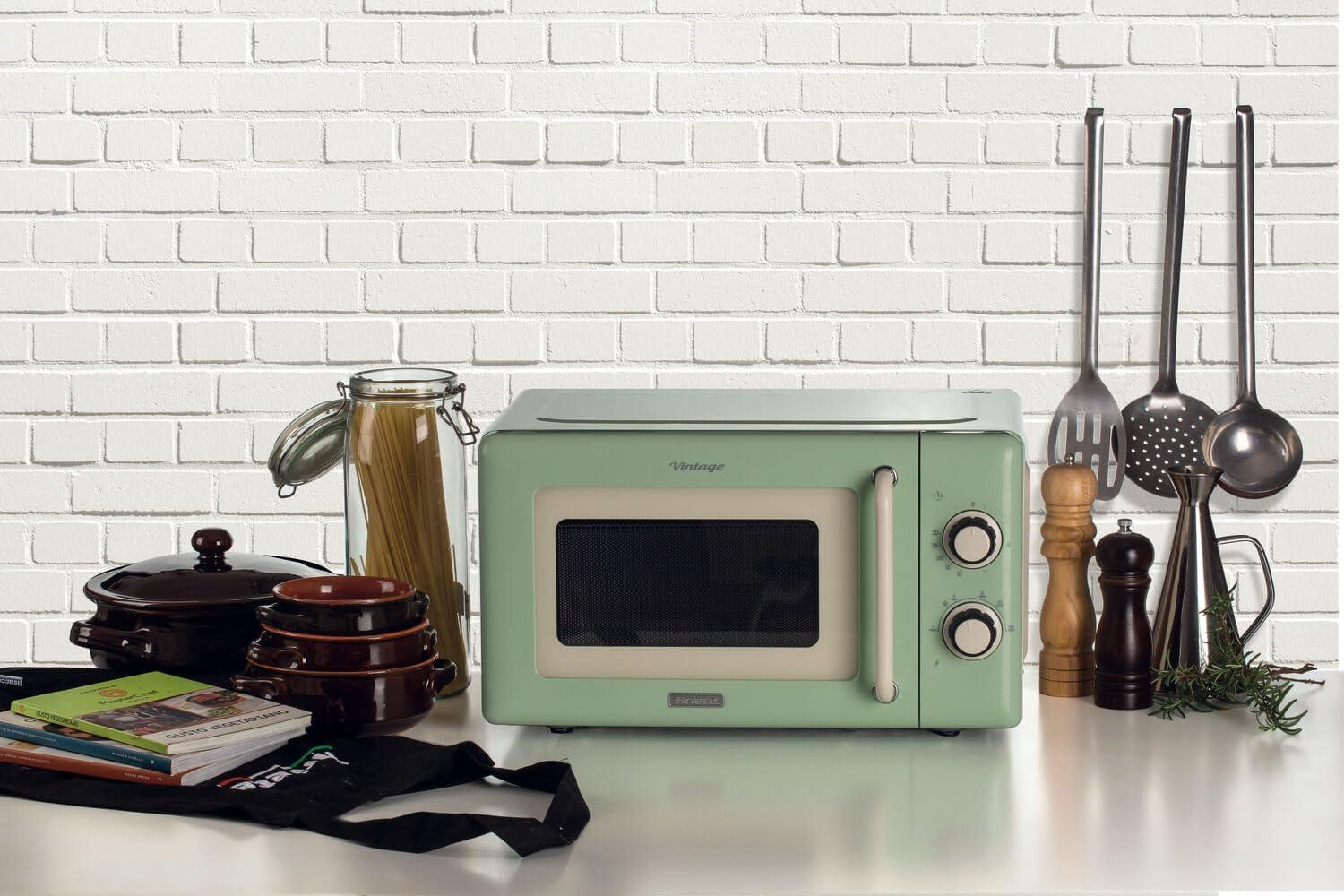 image:imageAriete Microondes mcaniques vintage 800 W 20 L 5 niveaux de puissance minuterie de 30 minutes signal de fin de cuisson idal pour chauffage cuisson et dconglation vertVert