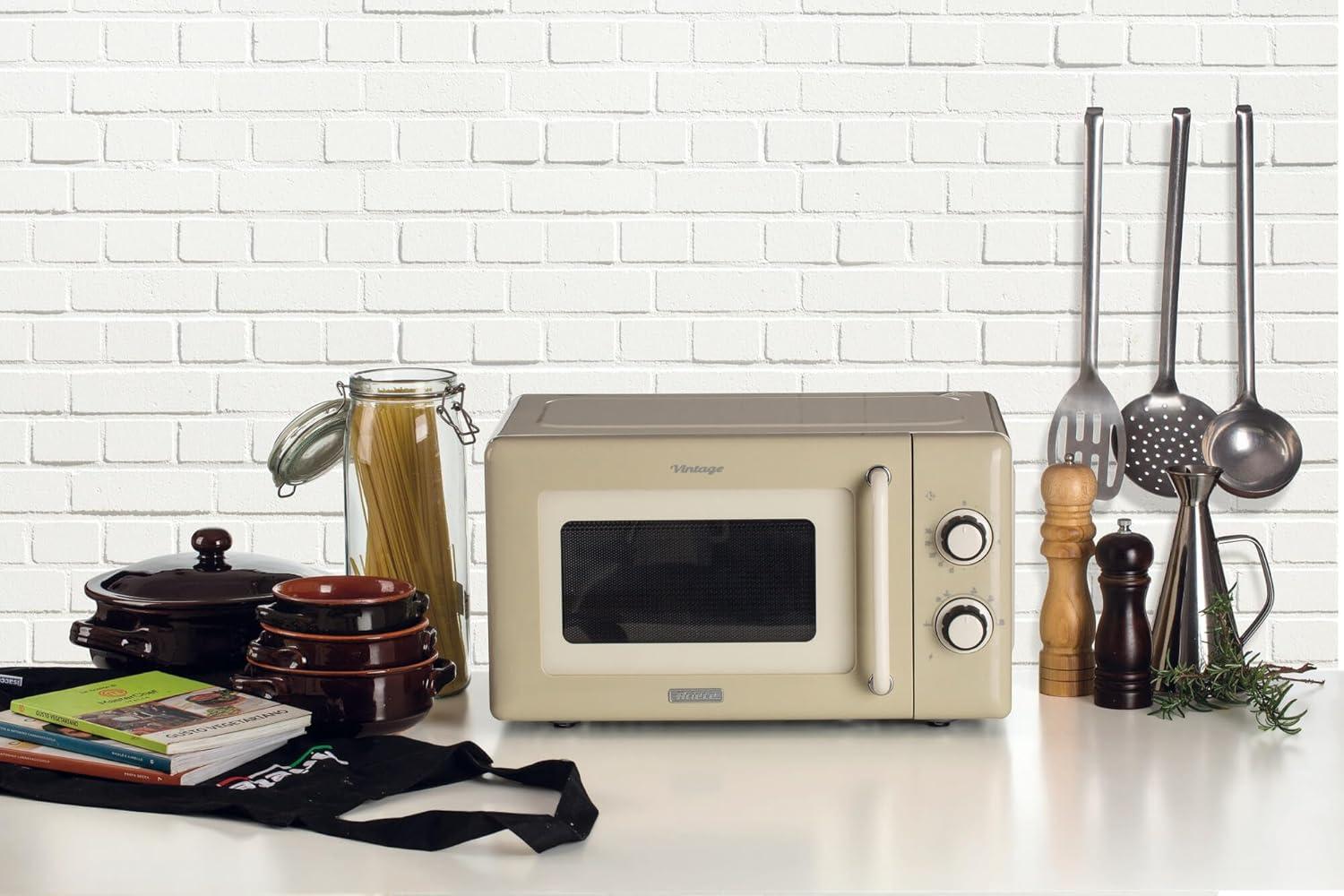 image:imageAriete Microondes mcaniques vintage 800 W 20 L 5 niveaux de puissance minuterie de 30 minutes signal de fin de cuisson idal pour chauffage cuisson et dconglation vertCrme