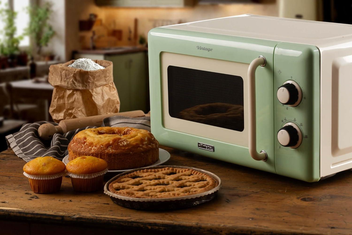 image:imageAriete Microondes mcaniques vintage 800 W 20 L 5 niveaux de puissance minuterie de 30 minutes signal de fin de cuisson idal pour chauffage cuisson et dconglation vertVert
