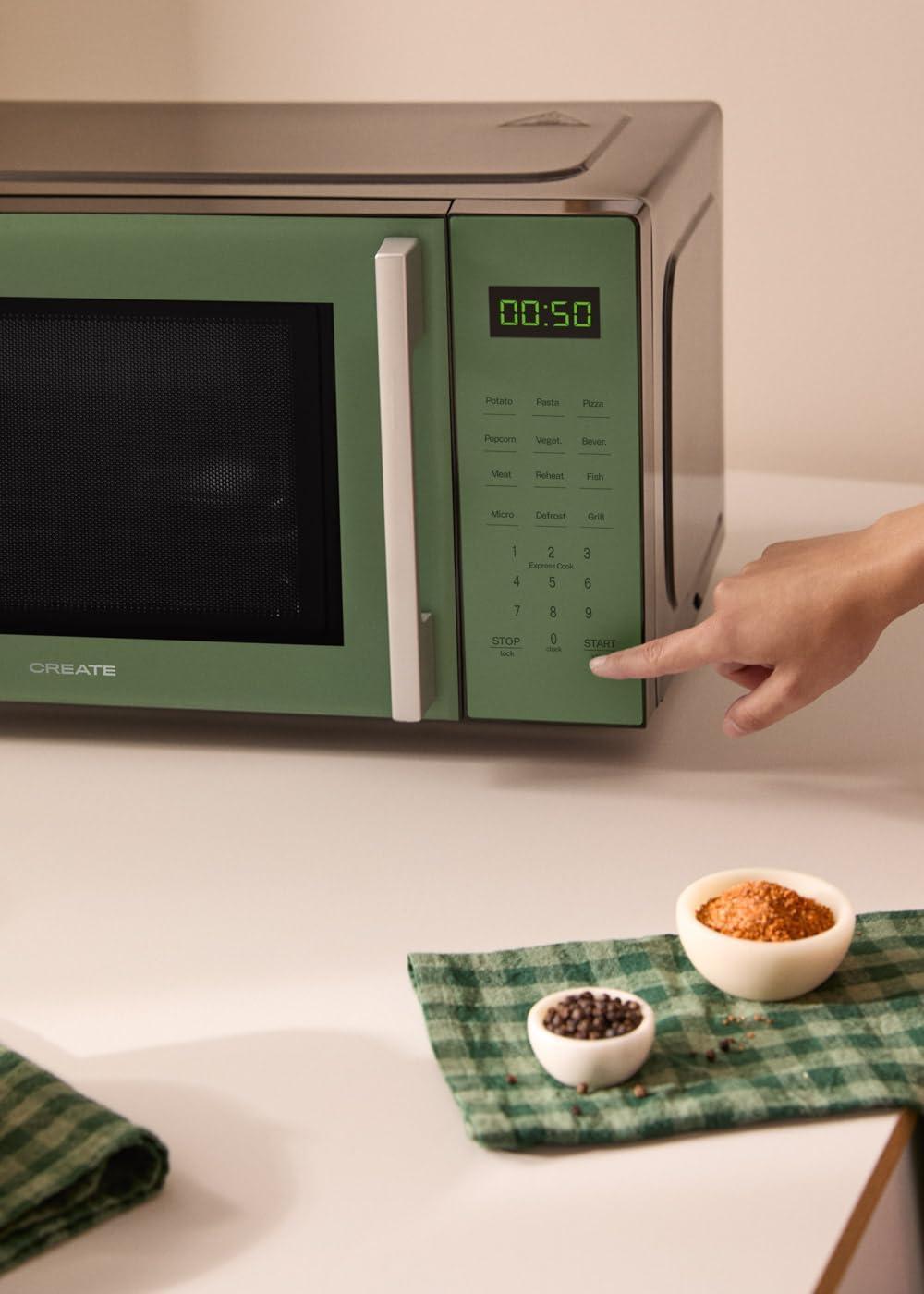 image:imageCREATEMICROWAVE STUDIOMicroondes avec fonction grill et four blanc cassCapacit 23L plateau 285 mm 10 niveaux de puissance 8 programmes automatiques 3 modes grill cran LED 1000WVert Sauge