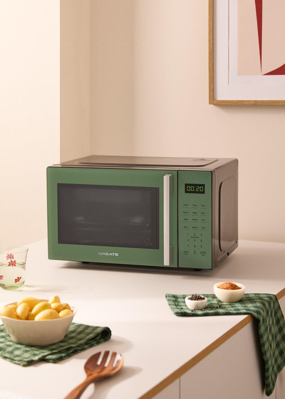 image:imageCREATEMICROWAVE STUDIOMicroondes avec fonction grill et four blanc cassCapacit 23L plateau 285 mm 10 niveaux de puissance 8 programmes automatiques 3 modes grill cran LED 1000WVert Sauge