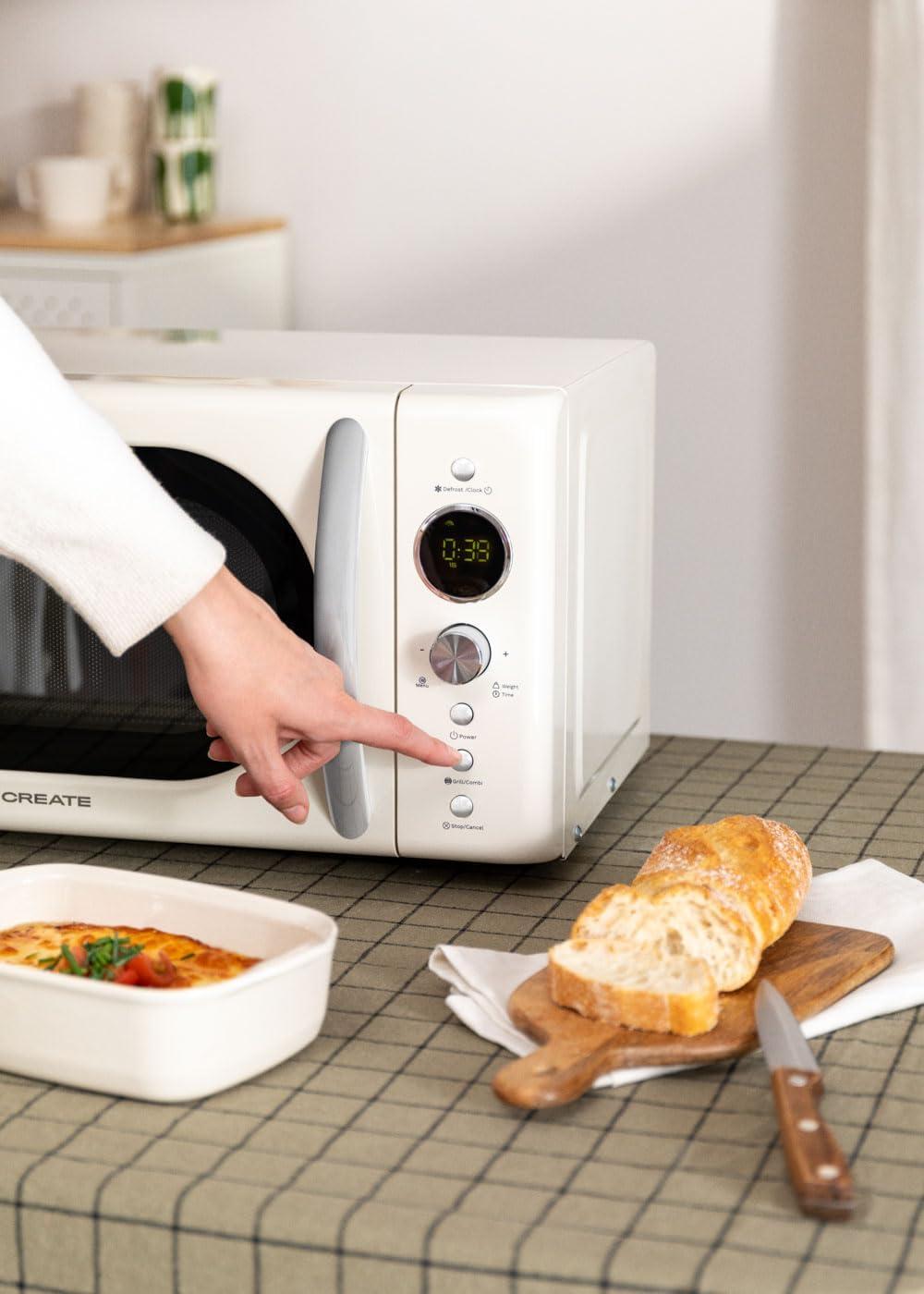 image:imageCREATEMICROWAVE STUDIOMicroondes avec fonction grill et four blanc cassCapacit 23L plateau 285 mm 10 niveaux de puissance 8 programmes automatiques 3 modes grill cran LED 1000WBlanc Cass