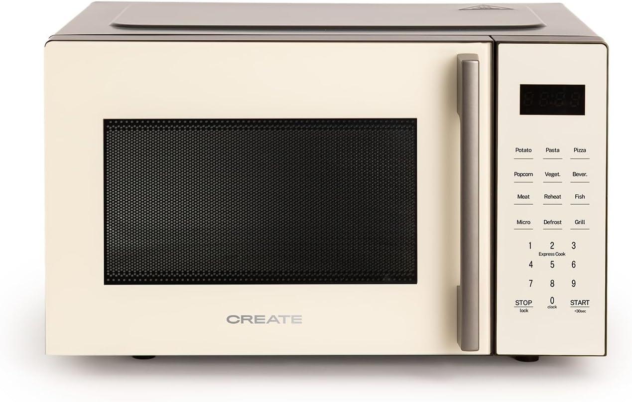 image:imageCREATEMICROWAVE STUDIOMicroondes avec fonction grill et four blanc cassCapacit 23L plateau 285 mm 10 niveaux de puissance 8 programmes automatiques 3 modes grill cran LED 1000WBlanc Cass