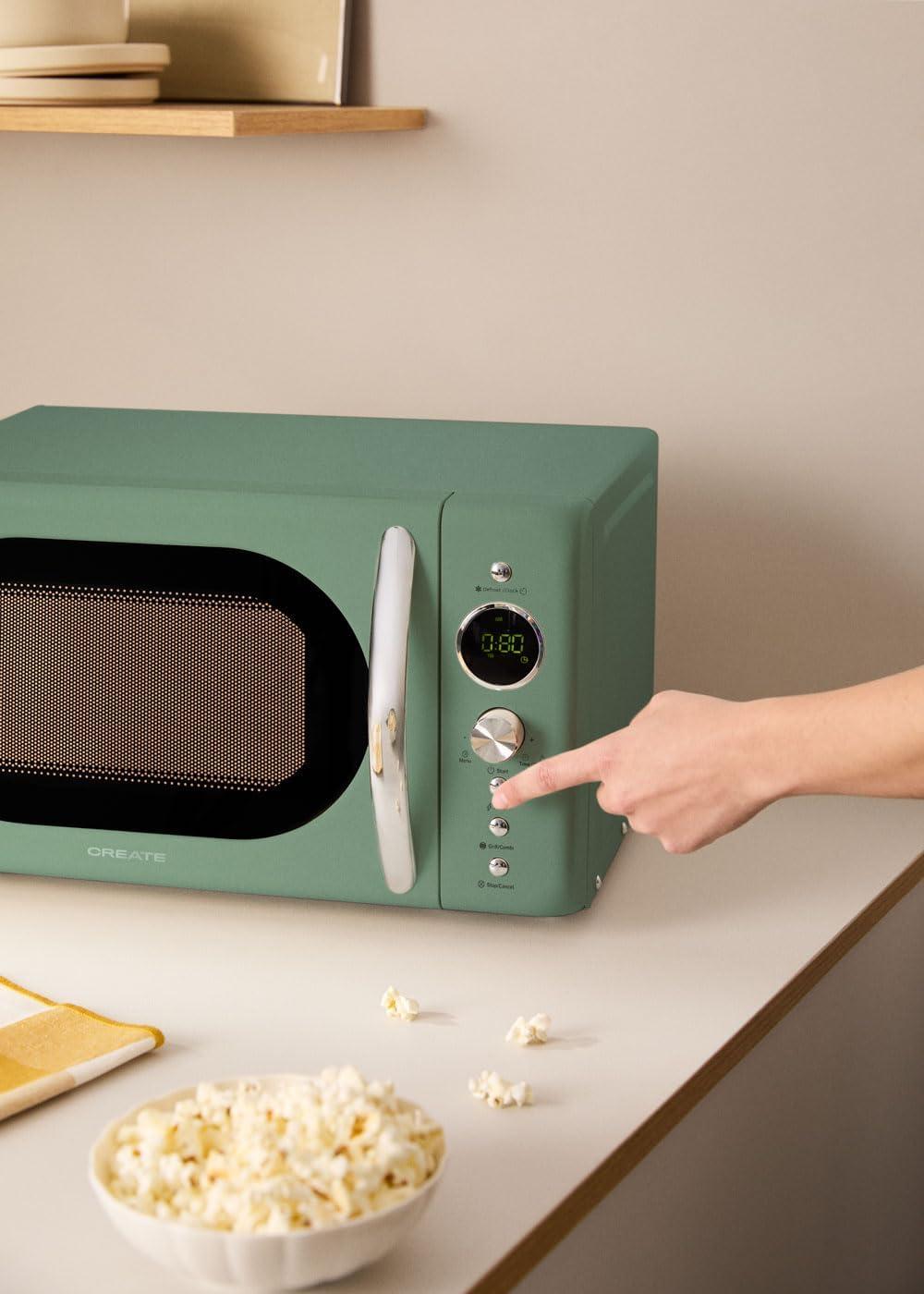 image:imageCREATEMICROWAVE STUDIOMicroondes avec fonction grill et four blanc cassCapacit 23L plateau 285 mm 10 niveaux de puissance 8 programmes automatiques 3 modes grill cran LED 1000WVert Sauge