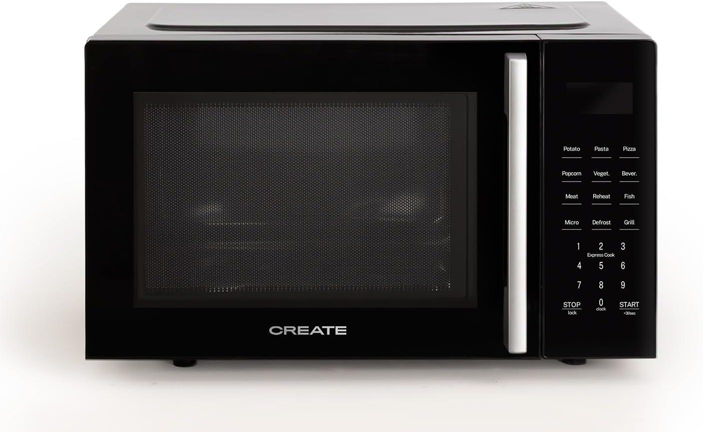 image:imageCREATEMICROWAVE STUDIOMicroondes avec fonction grill et four blanc cassCapacit 23L plateau 285 mm 10 niveaux de puissance 8 programmes automatiques 3 modes grill cran LED 1000WNoir