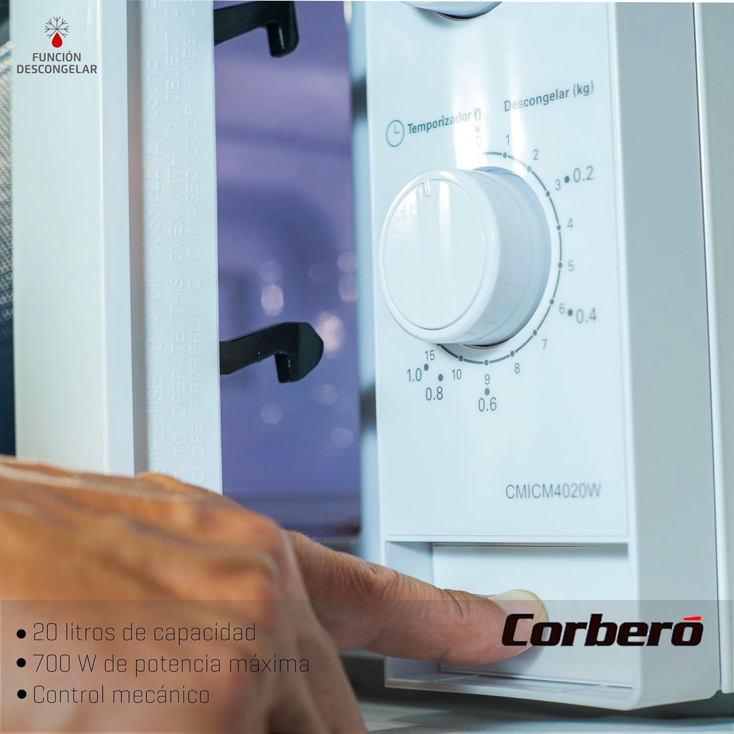 image:imageCorber CMICM4020W Microondes installation libre cap 20 litres blanc puissance 700 W dconglation 5 niveaux puissance contrle mcanique temprature 35 min plateau rotatif 255