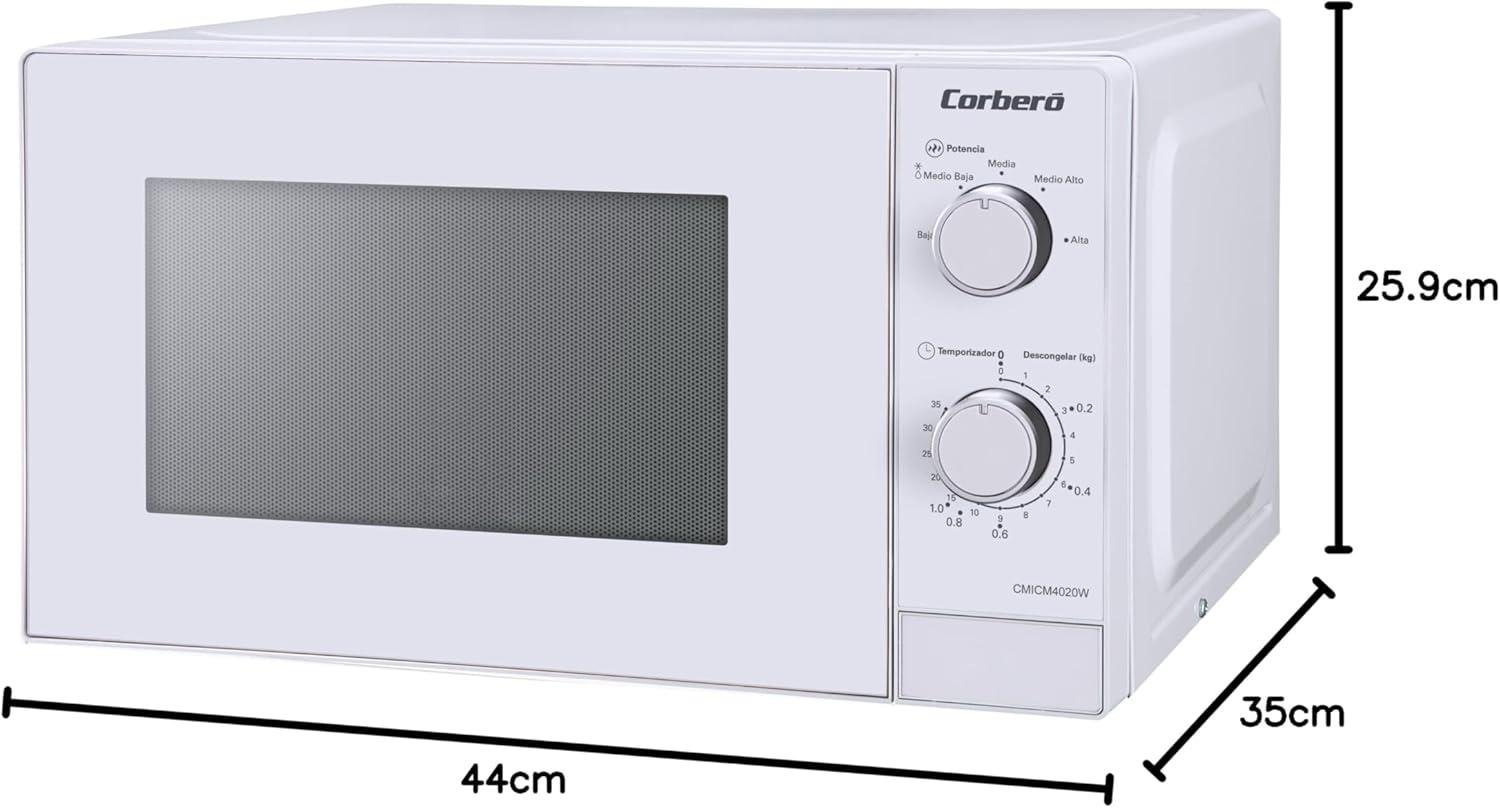 image:imageCorber CMICM4020W Microondes installation libre cap 20 litres blanc puissance 700 W dconglation 5 niveaux puissance contrle mcanique temprature 35 min plateau rotatif 255