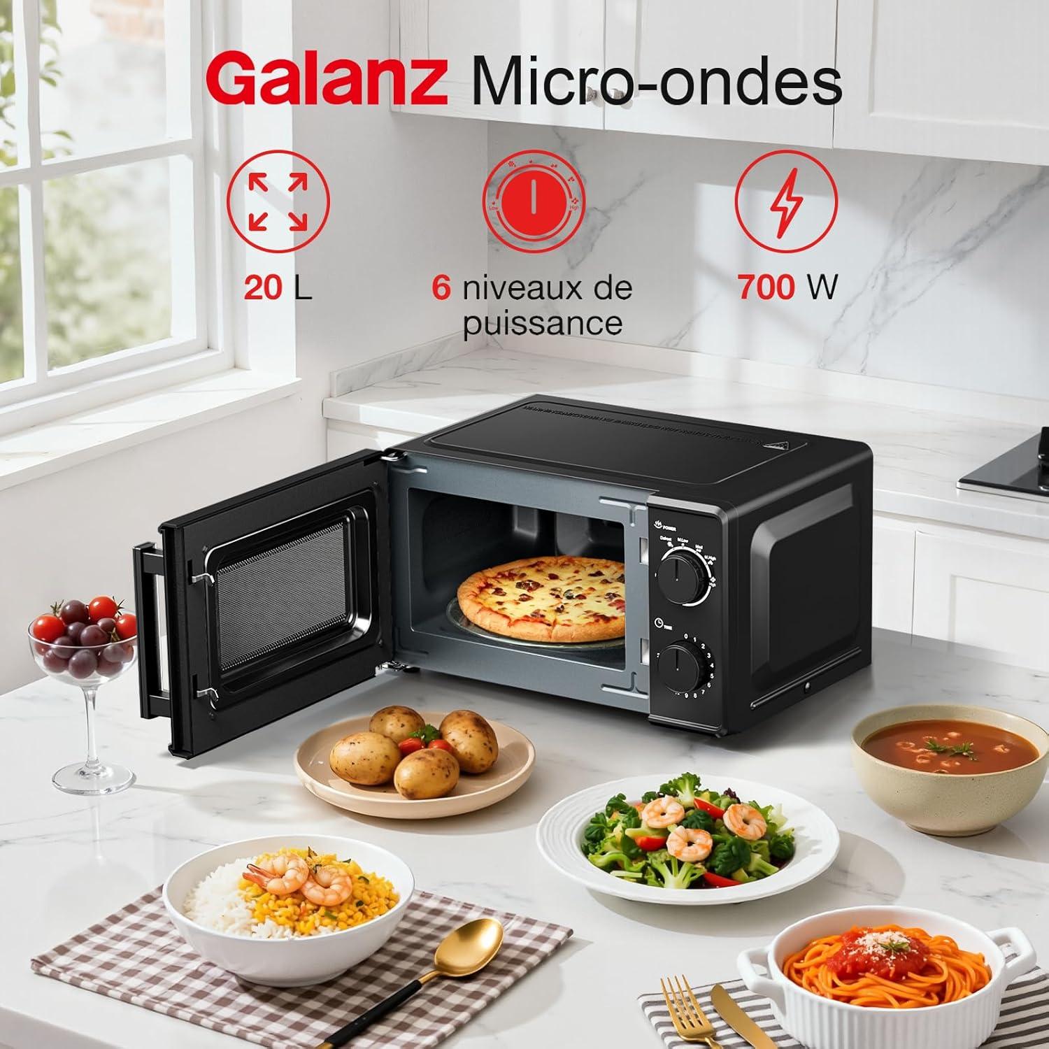 image:imageGalanz Microondes 20 L P70T20LVB 700W Microondes avec 6 niveaux de puissance minuterie de 0 30 minutes nettoyage facile grce au plateau tournant en verre noirNoir