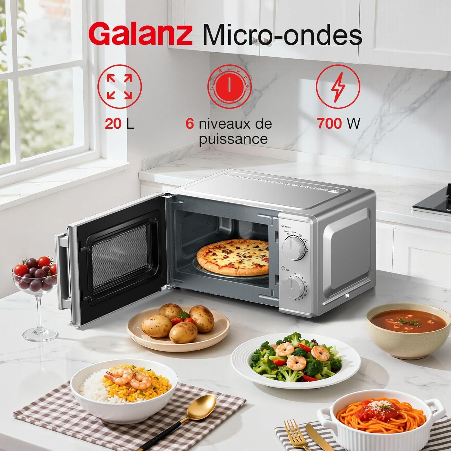 image:imageGalanz Microondes 20 L P70T20LVB 700W Microondes avec 6 niveaux de puissance minuterie de 0 30 minutes nettoyage facile grce au plateau tournant en verre noirArgent
