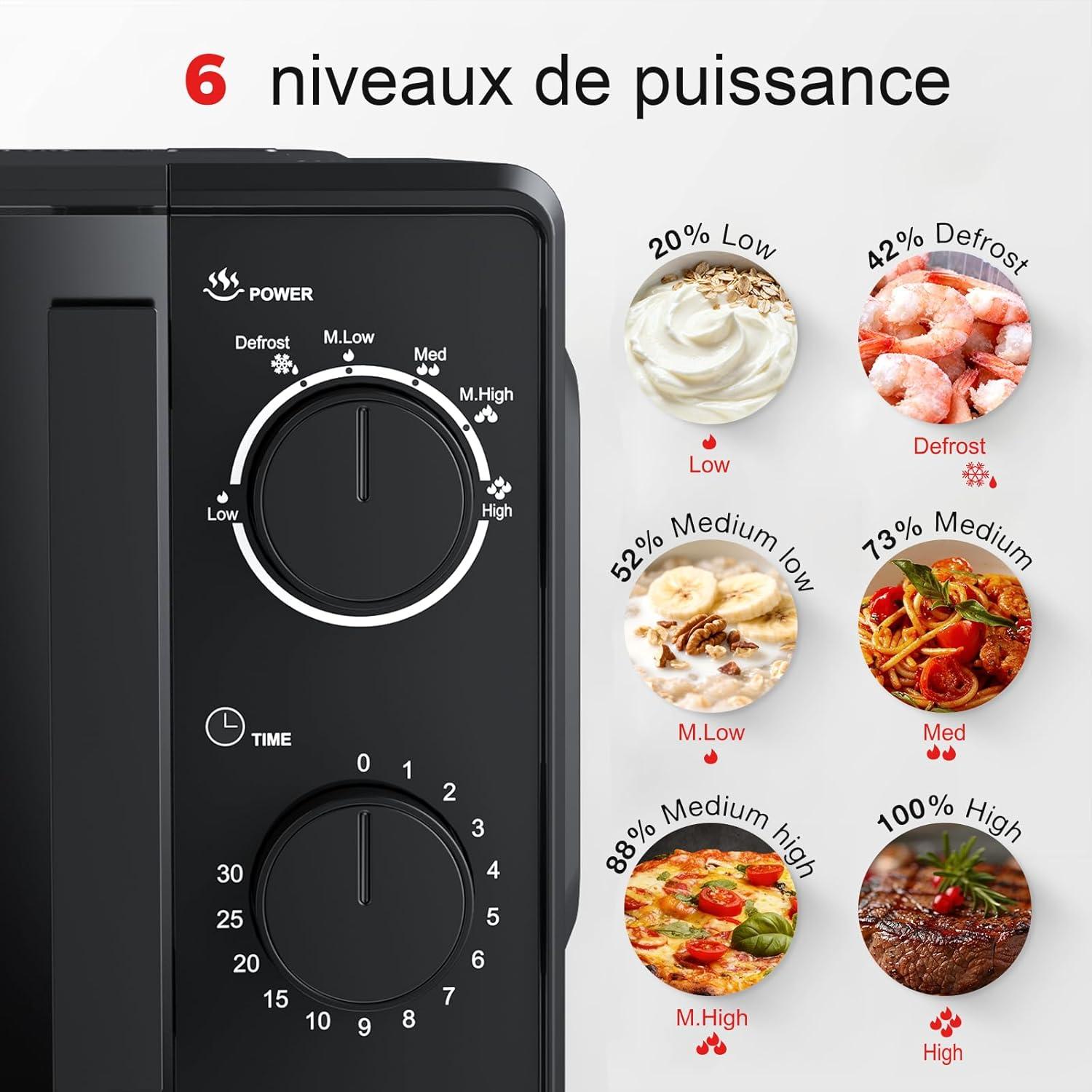 image:imageGalanz Microondes 20 L P70T20LVB 700W Microondes avec 6 niveaux de puissance minuterie de 0 30 minutes nettoyage facile grce au plateau tournant en verre noirNoir