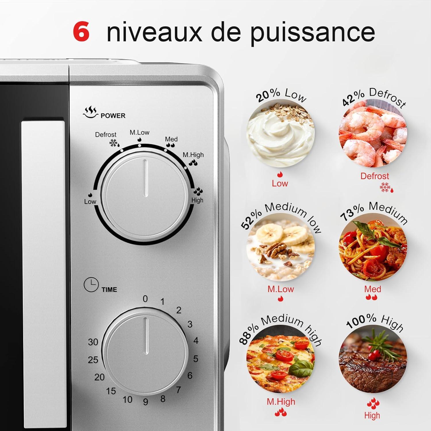image:imageGalanz Microondes 20 L P70T20LVB 700W Microondes avec 6 niveaux de puissance minuterie de 0 30 minutes nettoyage facile grce au plateau tournant en verre noirArgent