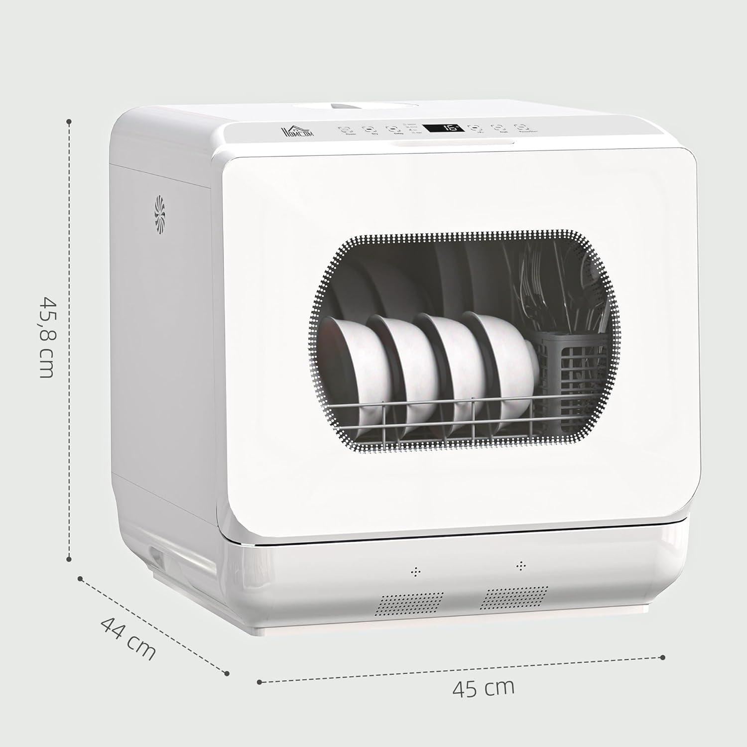 image:imageHOMCOM Mini lavevaisselle 4 couverts lavevaisselle de table 5 programmes double alimentation en eau lavage des fruits rservoir deau 6L commande tactile dpart diffr affichage LED noirBlanc