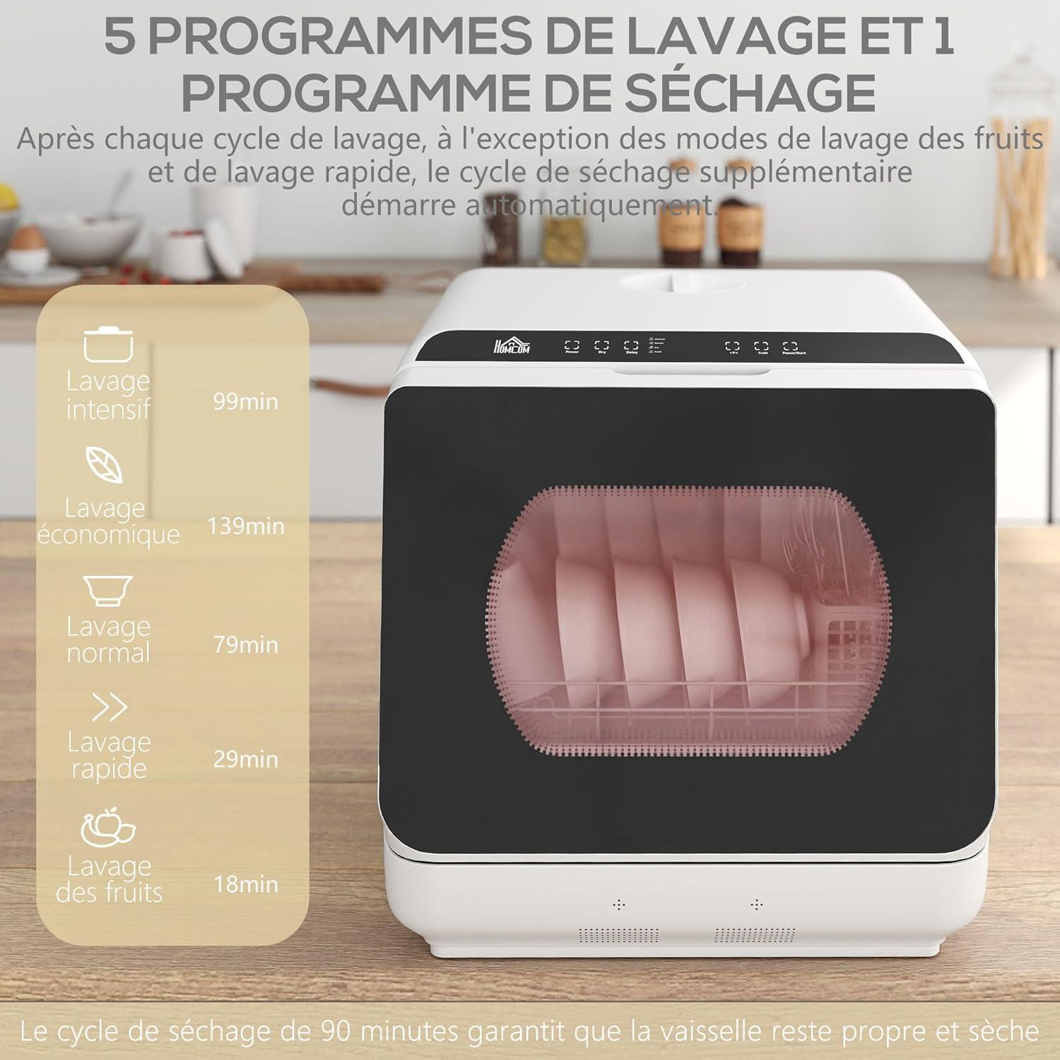 image:imageHOMCOM Mini lavevaisselle 4 couverts lavevaisselle de table 5 programmes double alimentation en eau lavage des fruits rservoir deau 6L commande tactile dpart diffr affichage LED noirNoir