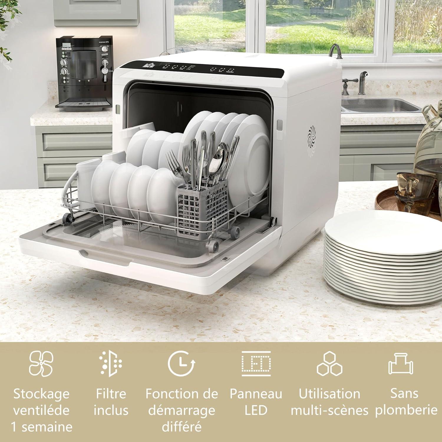 image:imageHOMCOM Mini lavevaisselle 4 couverts lavevaisselle de table 5 programmes double alimentation en eau lavage des fruits rservoir deau 6L commande tactile dpart diffr affichage LED noirNoir