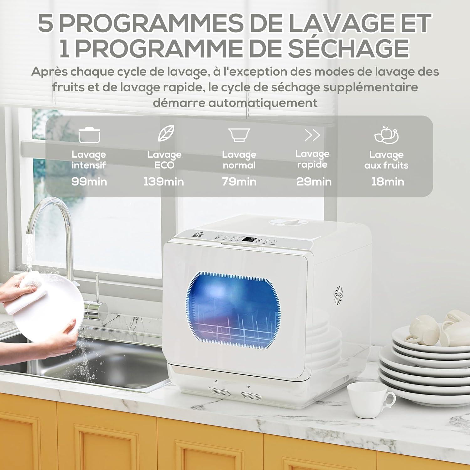 image:imageHOMCOM Mini lavevaisselle 4 couverts lavevaisselle de table 5 programmes double alimentation en eau lavage des fruits rservoir deau 6L commande tactile dpart diffr affichage LED noirBlanc