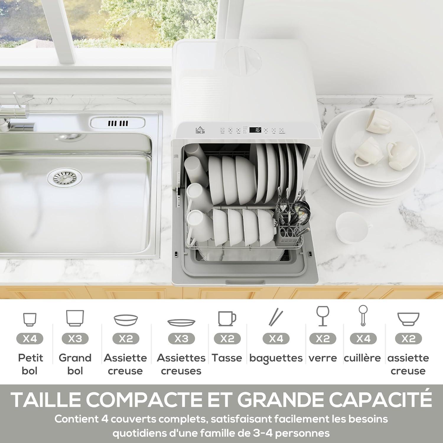 image:imageHOMCOM Mini lavevaisselle 4 couverts lavevaisselle de table 5 programmes double alimentation en eau lavage des fruits rservoir deau 6L commande tactile dpart diffr affichage LED noirBlanc