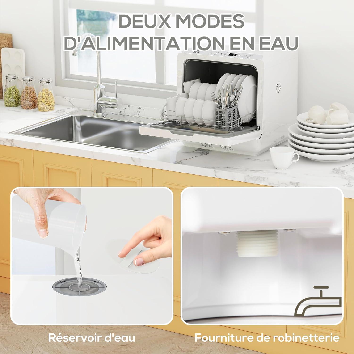 image:imageHOMCOM Mini lavevaisselle 4 couverts lavevaisselle de table 5 programmes double alimentation en eau lavage des fruits rservoir deau 6L commande tactile dpart diffr affichage LED noirBlanc