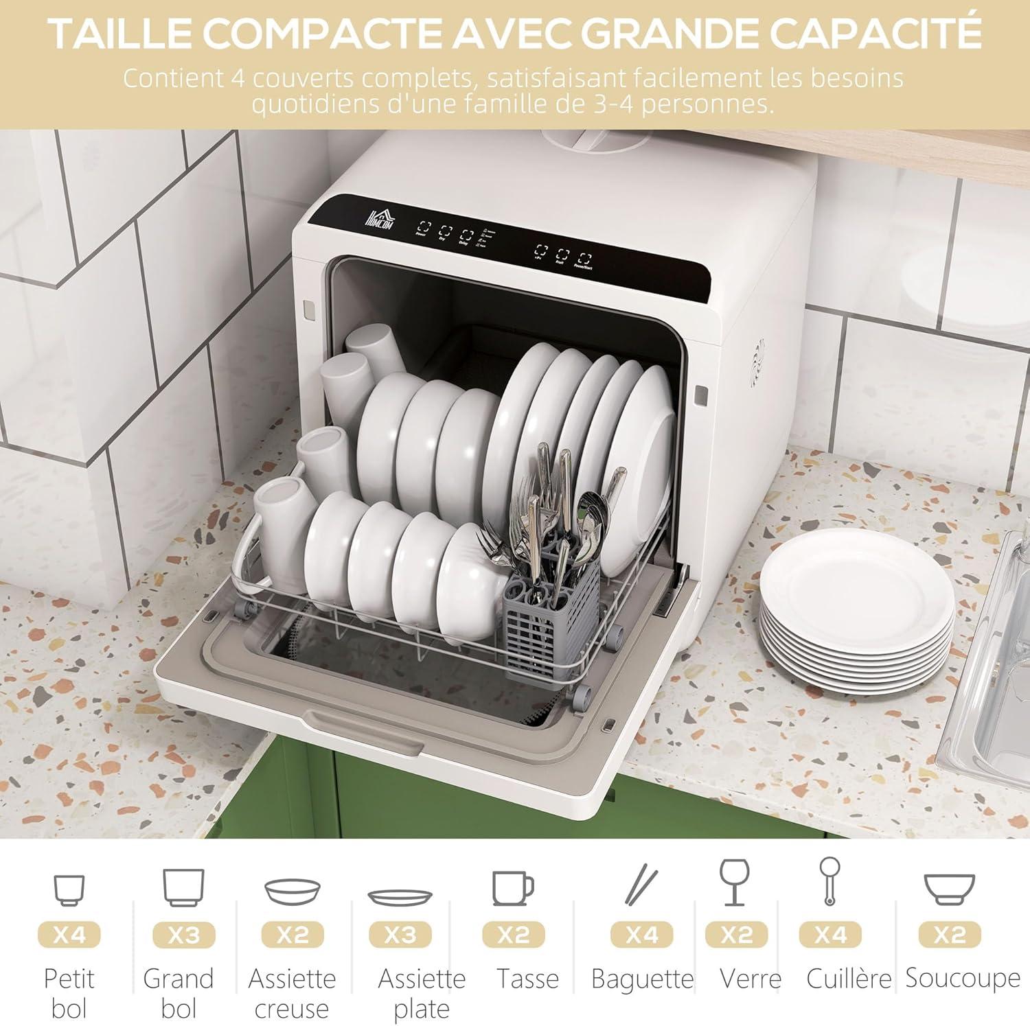 image:imageHOMCOM Mini lavevaisselle 4 couverts lavevaisselle de table 5 programmes double alimentation en eau lavage des fruits rservoir deau 6L commande tactile dpart diffr affichage LED noirNoir